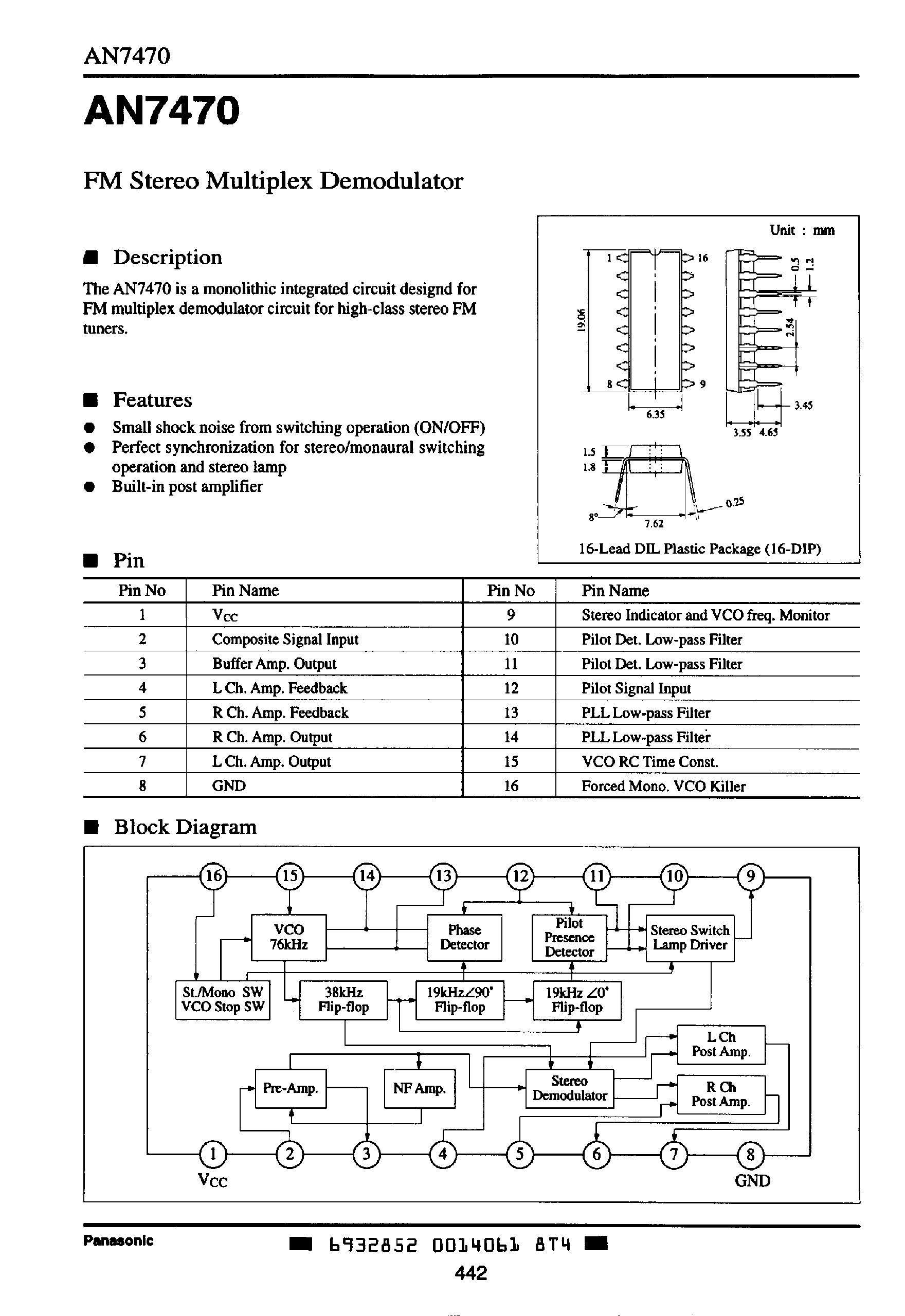 Даташит AN7470 - FM STEREO MULTIPLEX DEMODULATOR страница 1