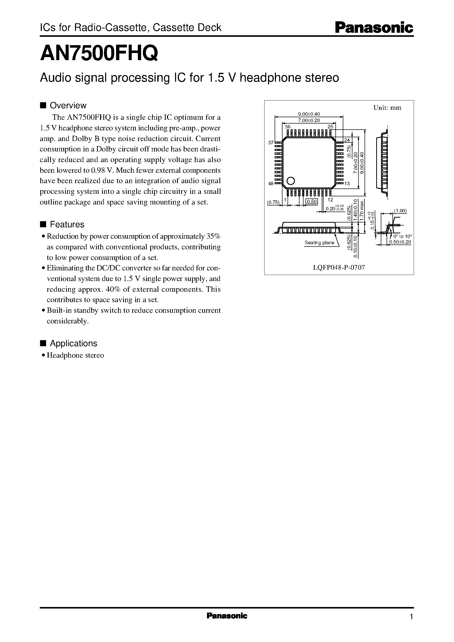 Datasheet AN7500FHQ - aUDIO SIGNAL PROCESSING ic FOR 1.5 v HEADPHONE STEREO page 1