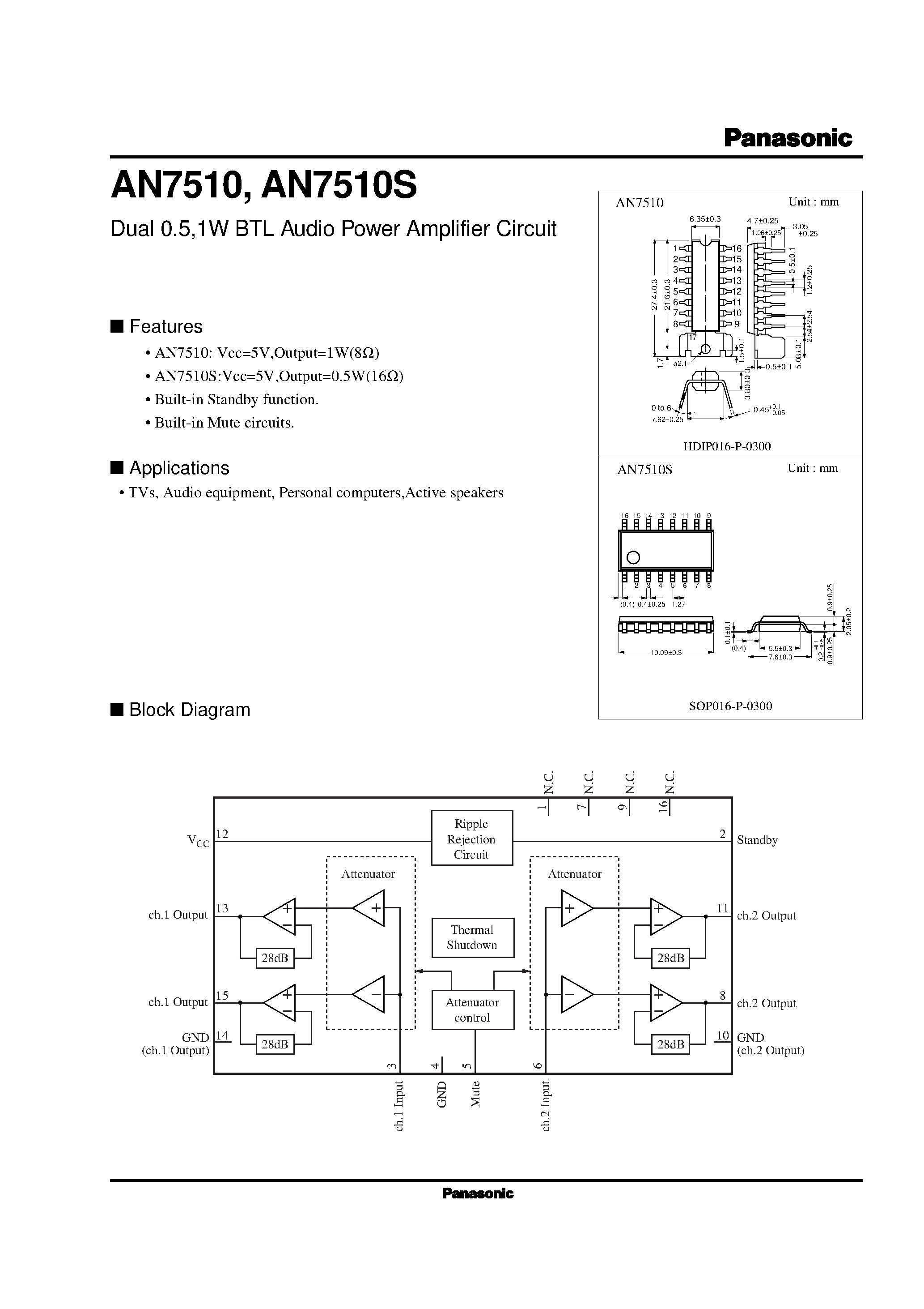 Даташит на микросхему AN7511S страница 2 Даташит AN7511S - 1-W BTL audio power amplifier страница 2