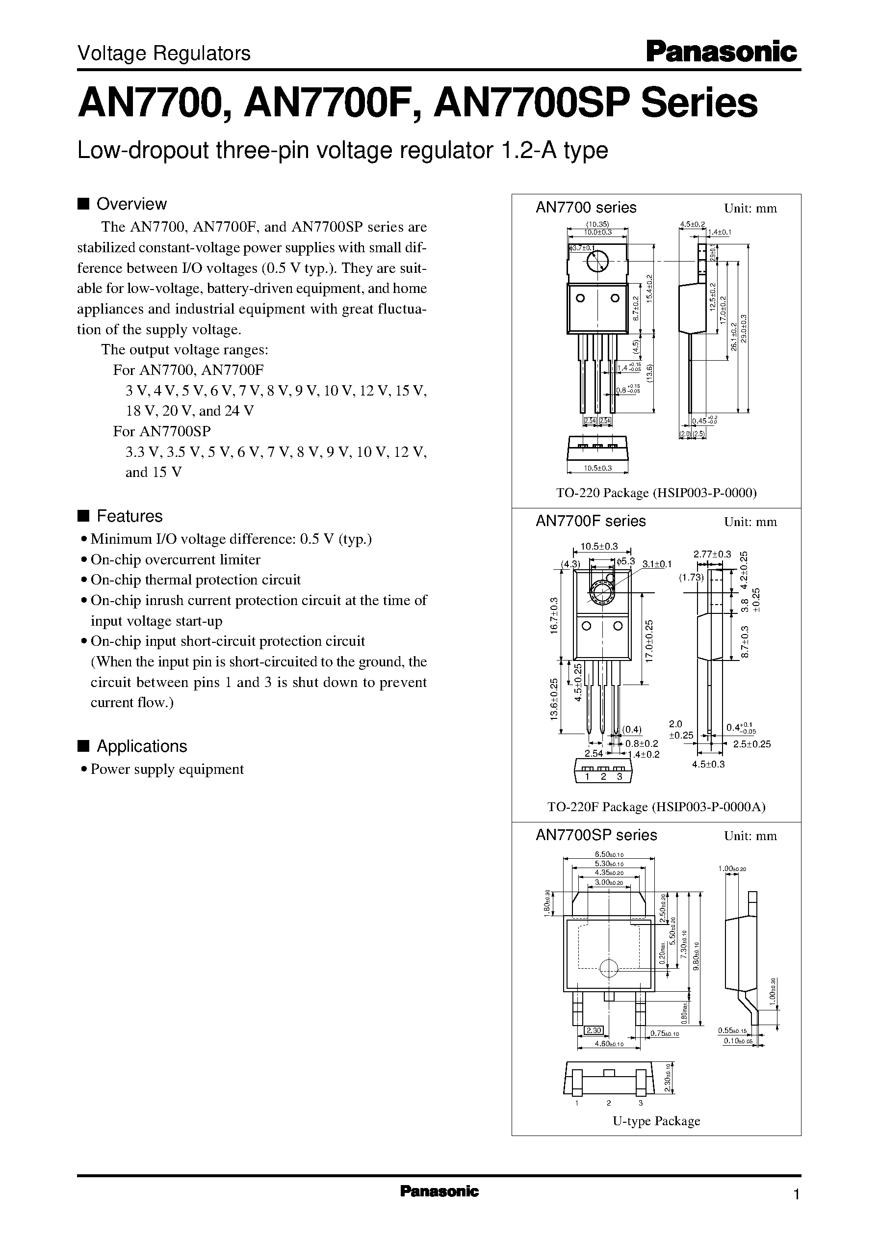 Datasheet AN7715 - Low-dropout three-pin voltage regulator 1.2-A type page 1