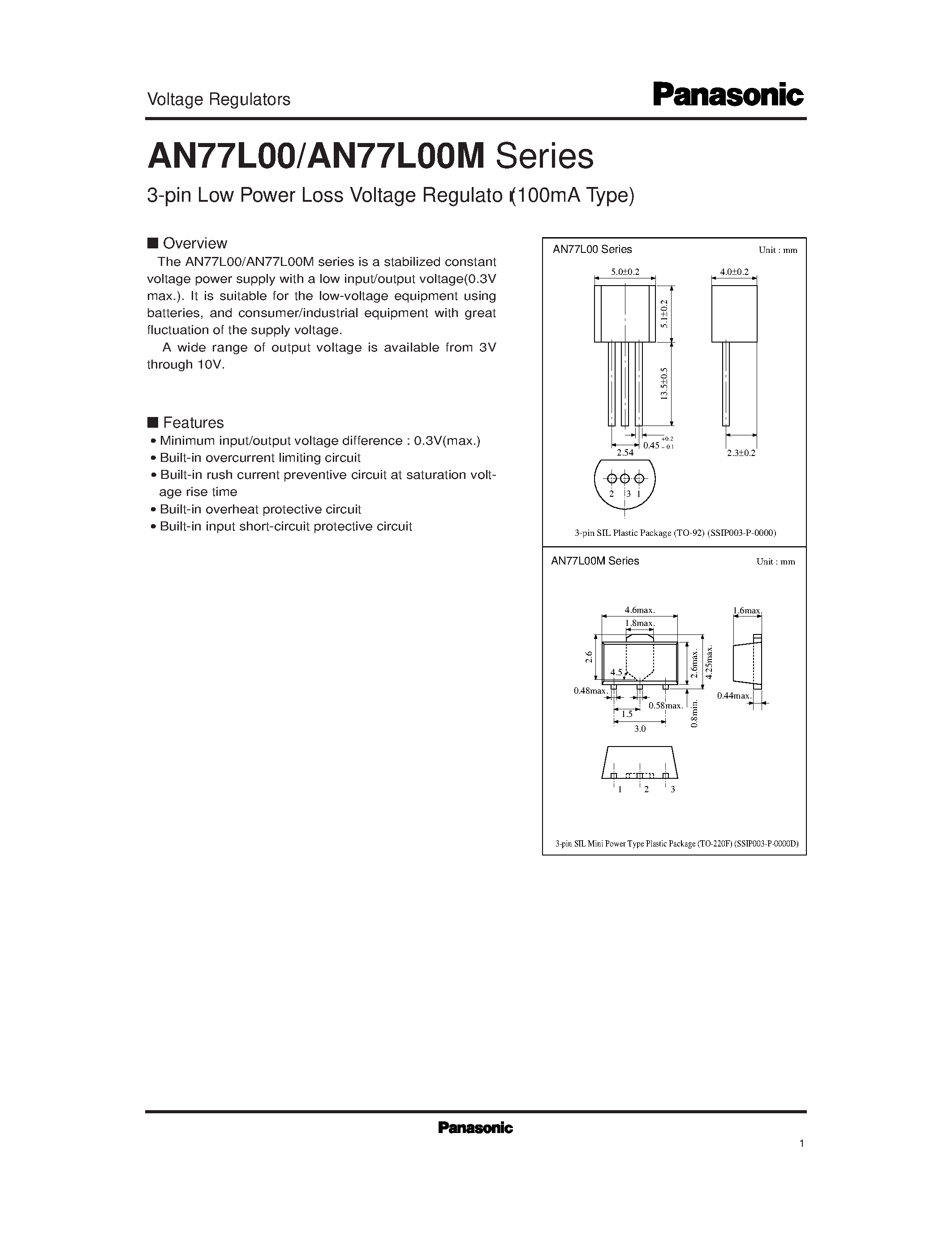 Datasheet AN77L045M page 1 Datasheet AN77L045M - 3-pin Low Power Loss Voltage Regulato (100mA Type) page 1