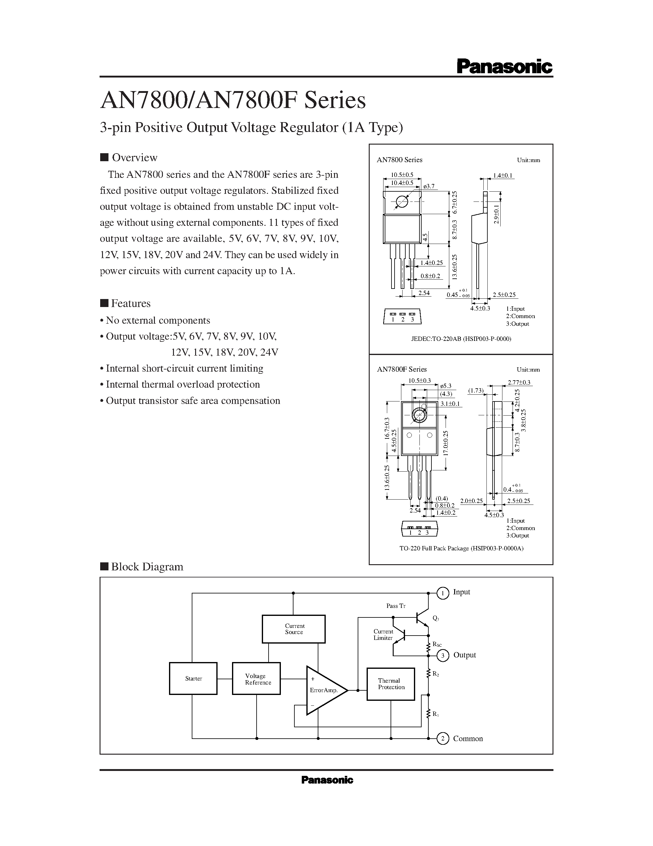 Datasheet AN7800 page 1 Datasheet AN7800 - 3-pin Positive Output Voltage Regulator 1A Type page 1