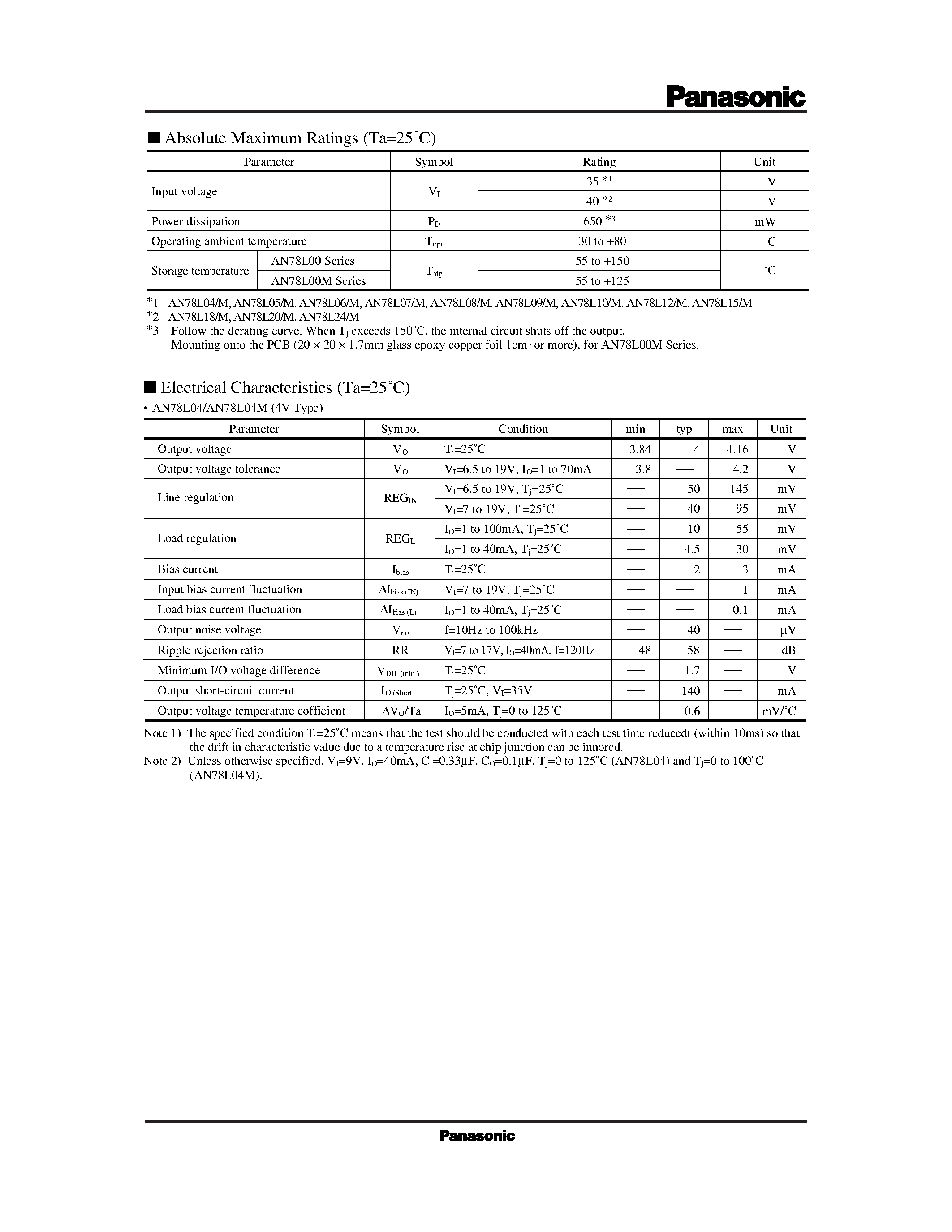 Datasheet AN78L00 - 3-pin Positive Output Voltage Regulator 100mA Type page 2