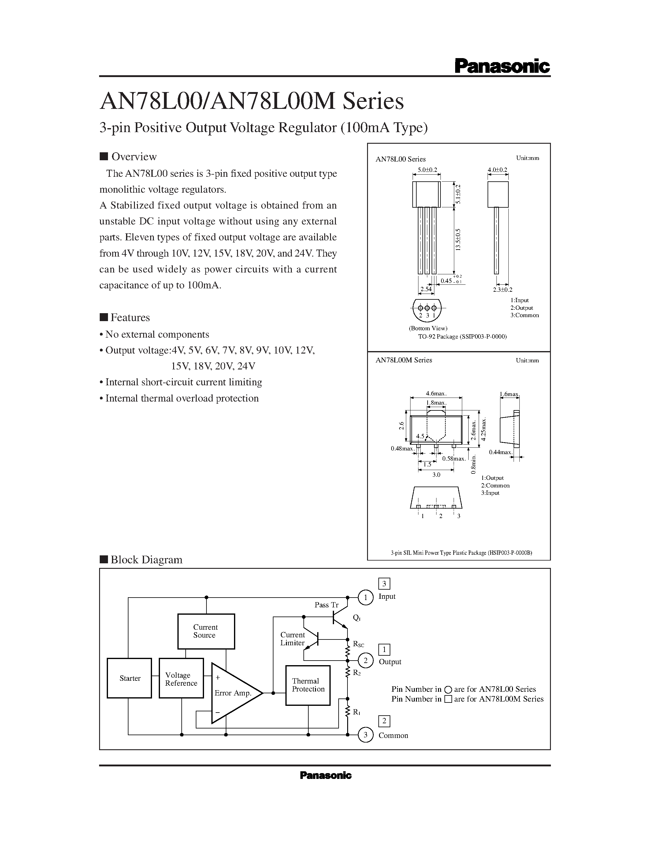 Datasheet AN78L00M page 1 Datasheet AN78L00M - 3-pin Positive Output Voltage Regulator 100mA Type page 1