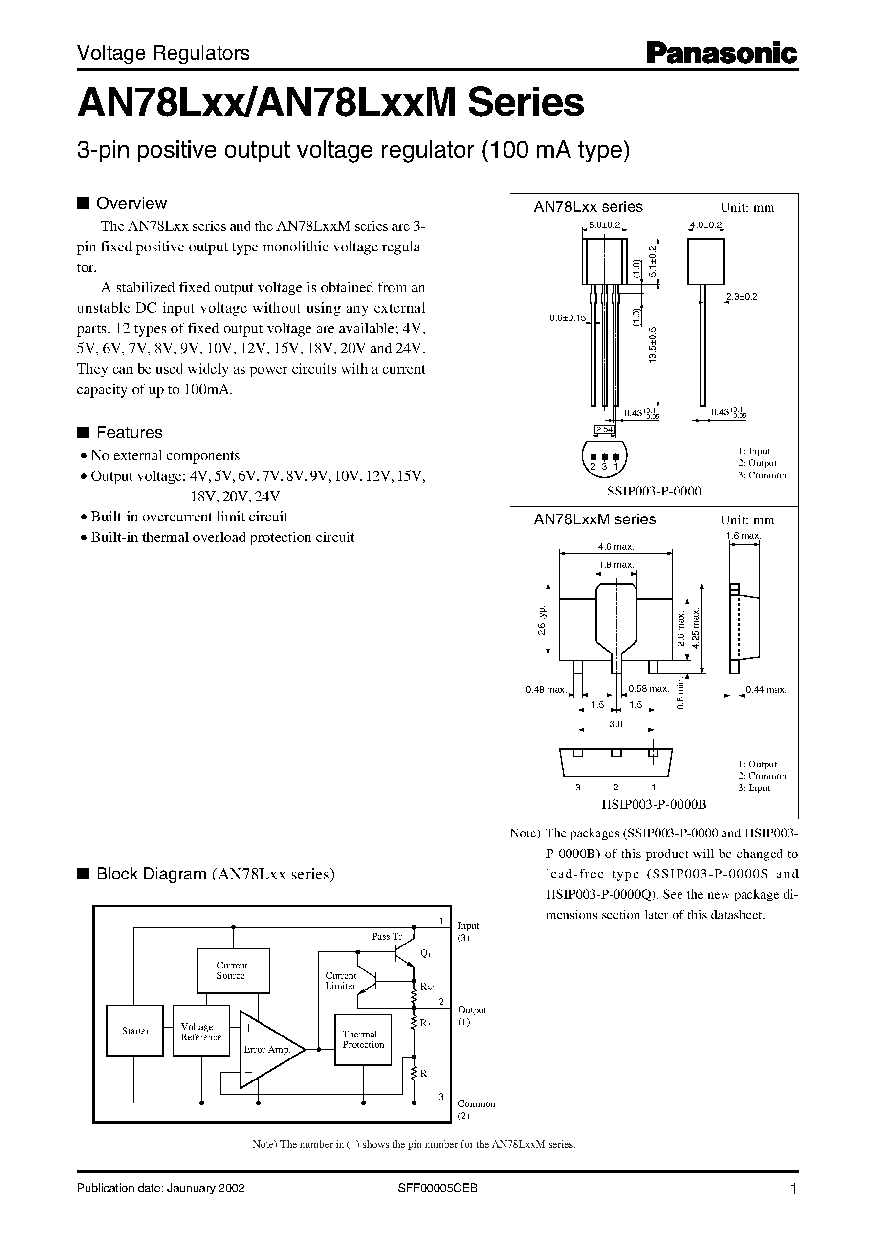 Datasheet AN78LxxM - 3-pin positive output voltage regulator (100 mA type) page 1