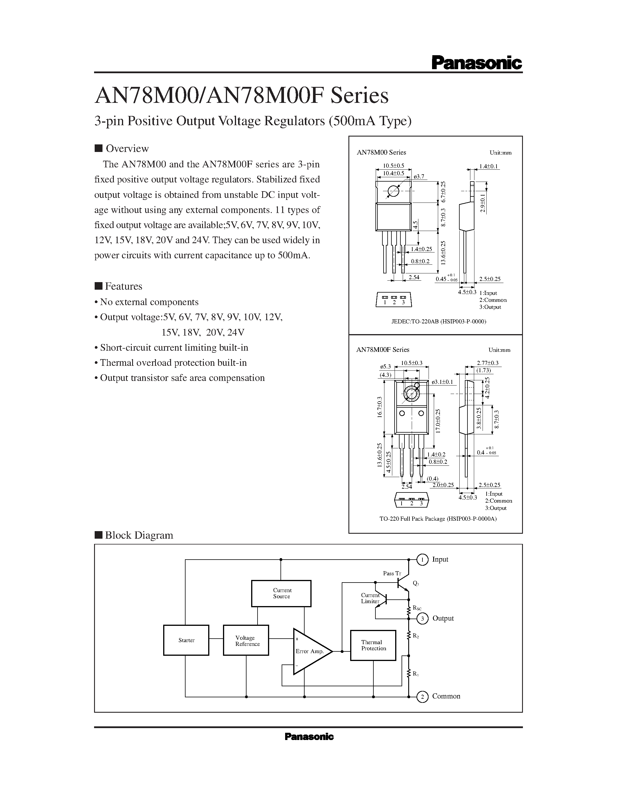 Datasheet AN78M09F page 1 Datasheet AN78M09F - 3-pin Positive Output Voltage Regulators 500mA Type page 1