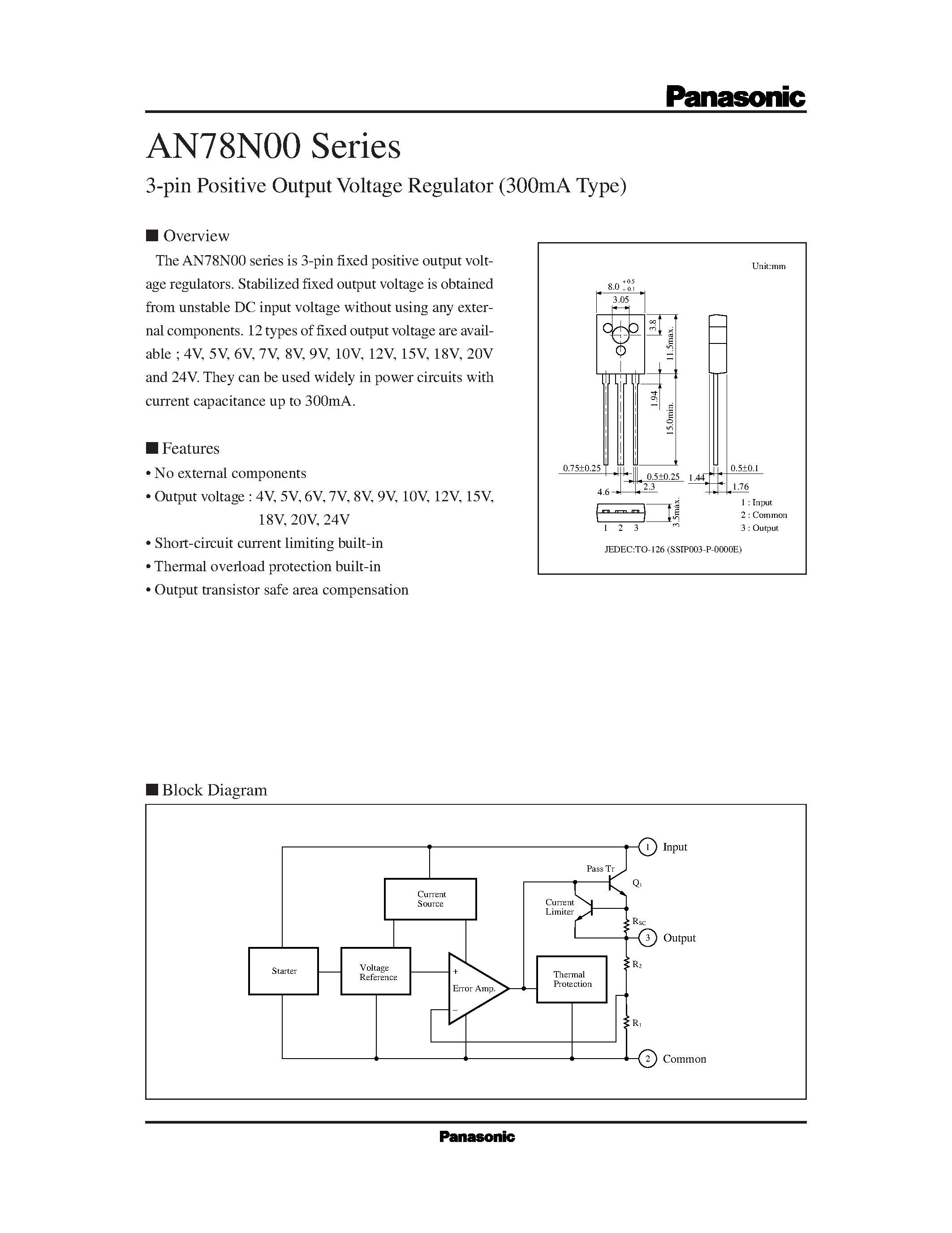 Datasheet AN78N00 - 3-pin Positive Output Voltage Regulator 300mA Type page 1