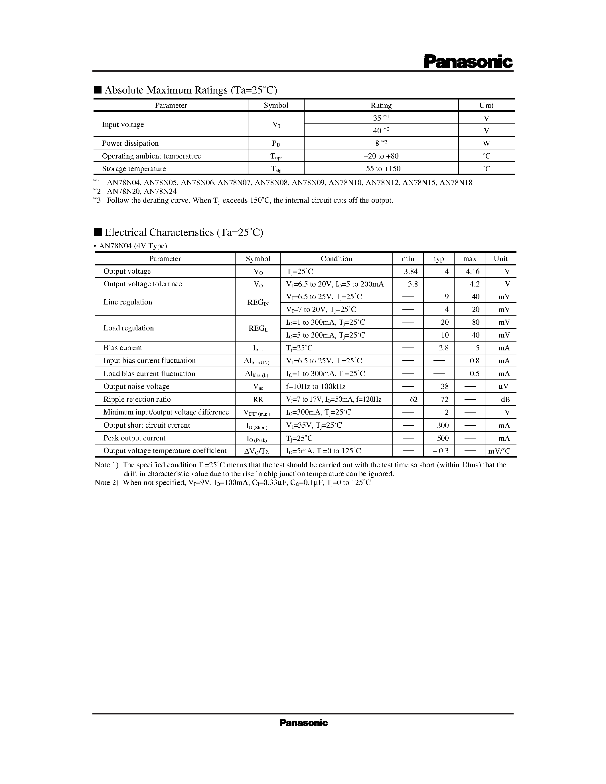Datasheet AN78N00 - 3-pin Positive Output Voltage Regulator 300mA Type page 2