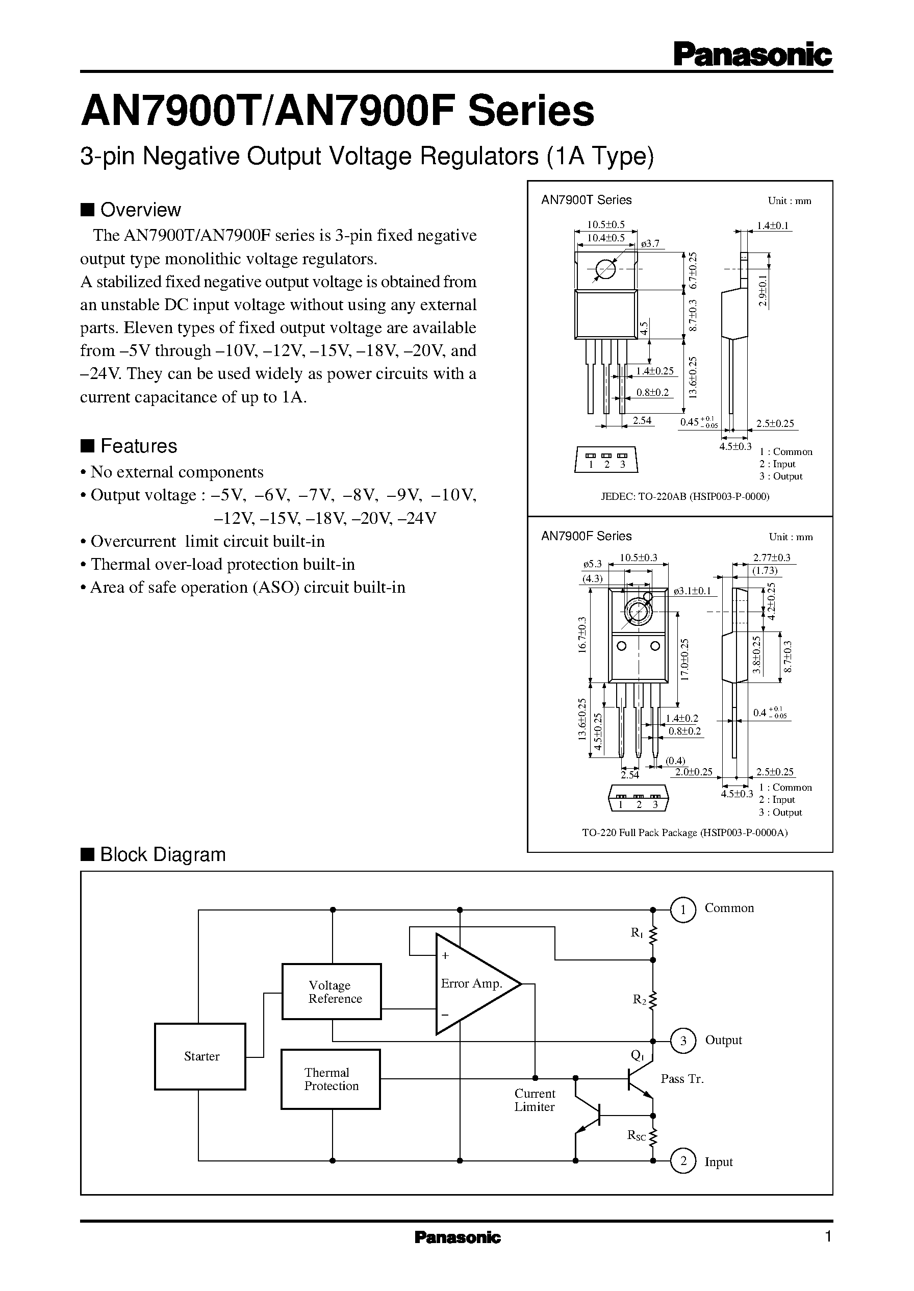 Datasheet AN7907T page 1 Datasheet AN7907T - 3-pin Negative Output Voltage Regulators (1A Type) page 1