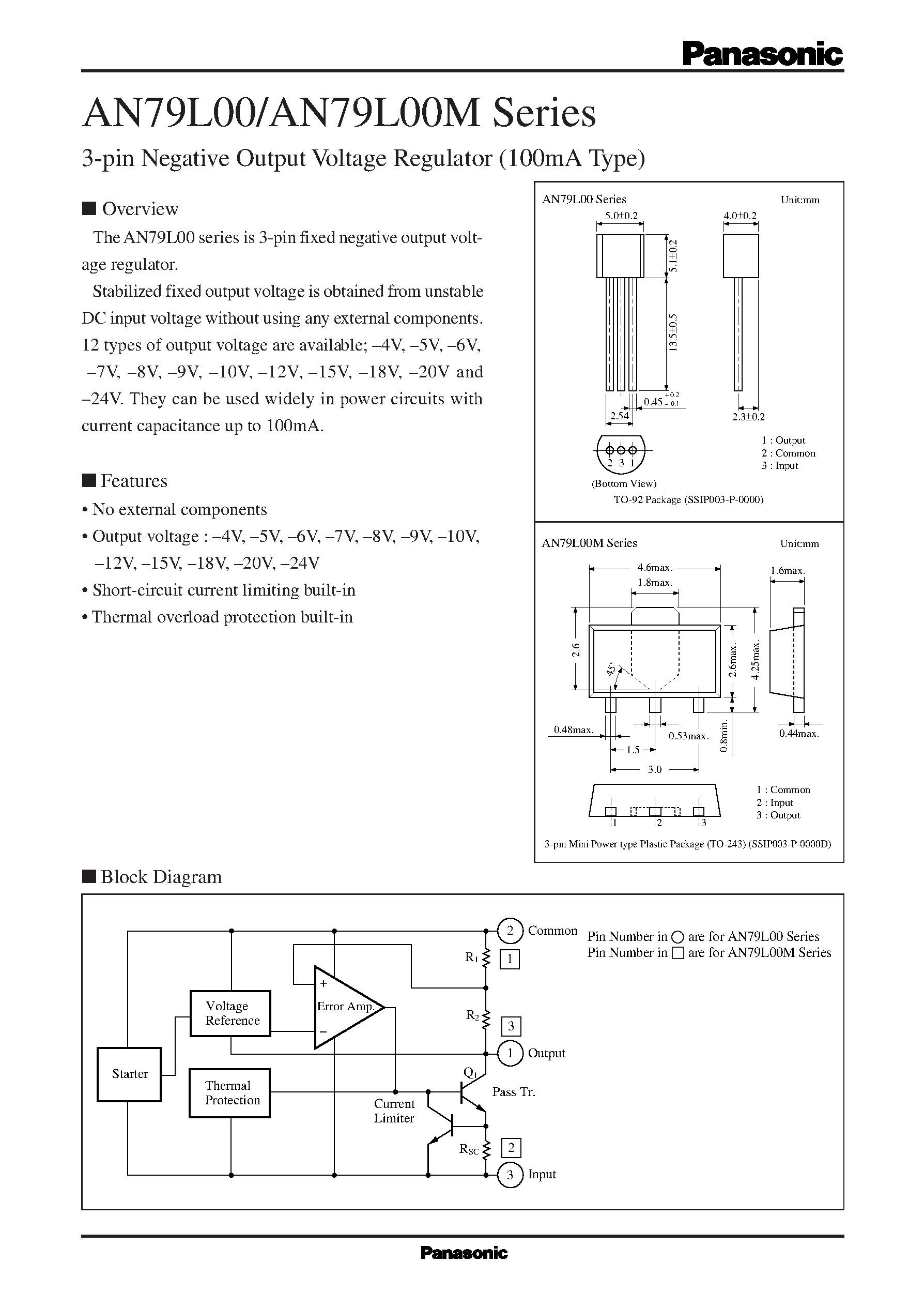 Datasheet AN79L00 - 3-pin Negative Output Voltage Regulator 100mA Type page 1