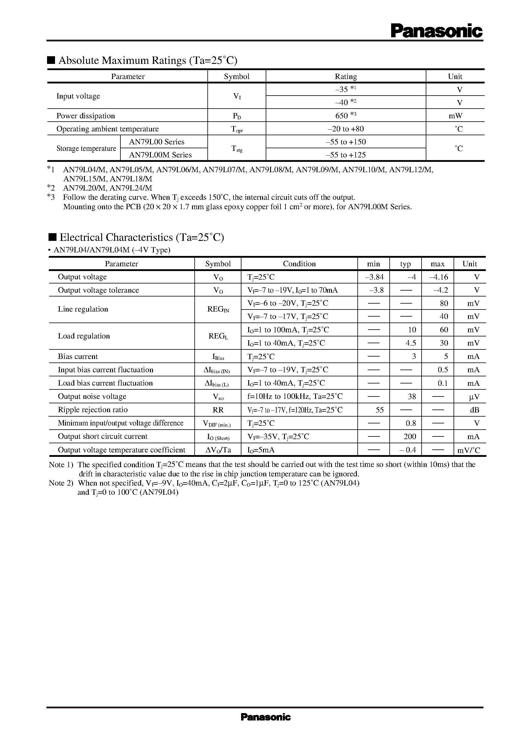 Datasheet AN79L00 - 3-pin Negative Output Voltage Regulator 100mA Type page 2