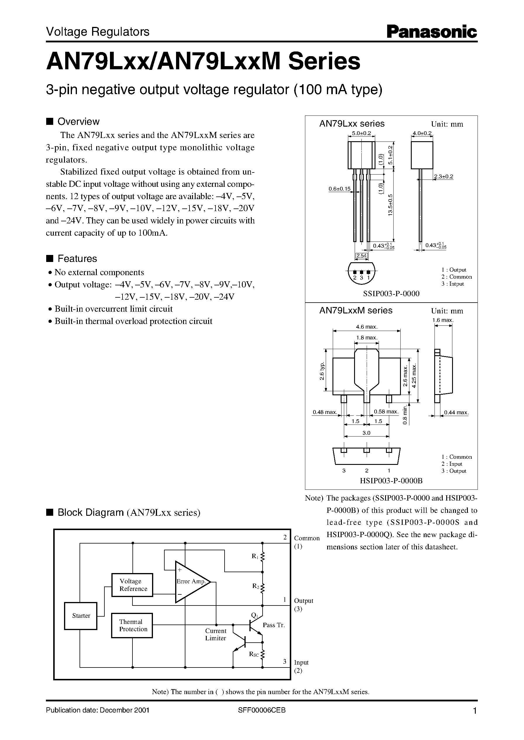 Datasheet AN79L12M - 3-pin negative output voltage regulator (100 mA type) page 1