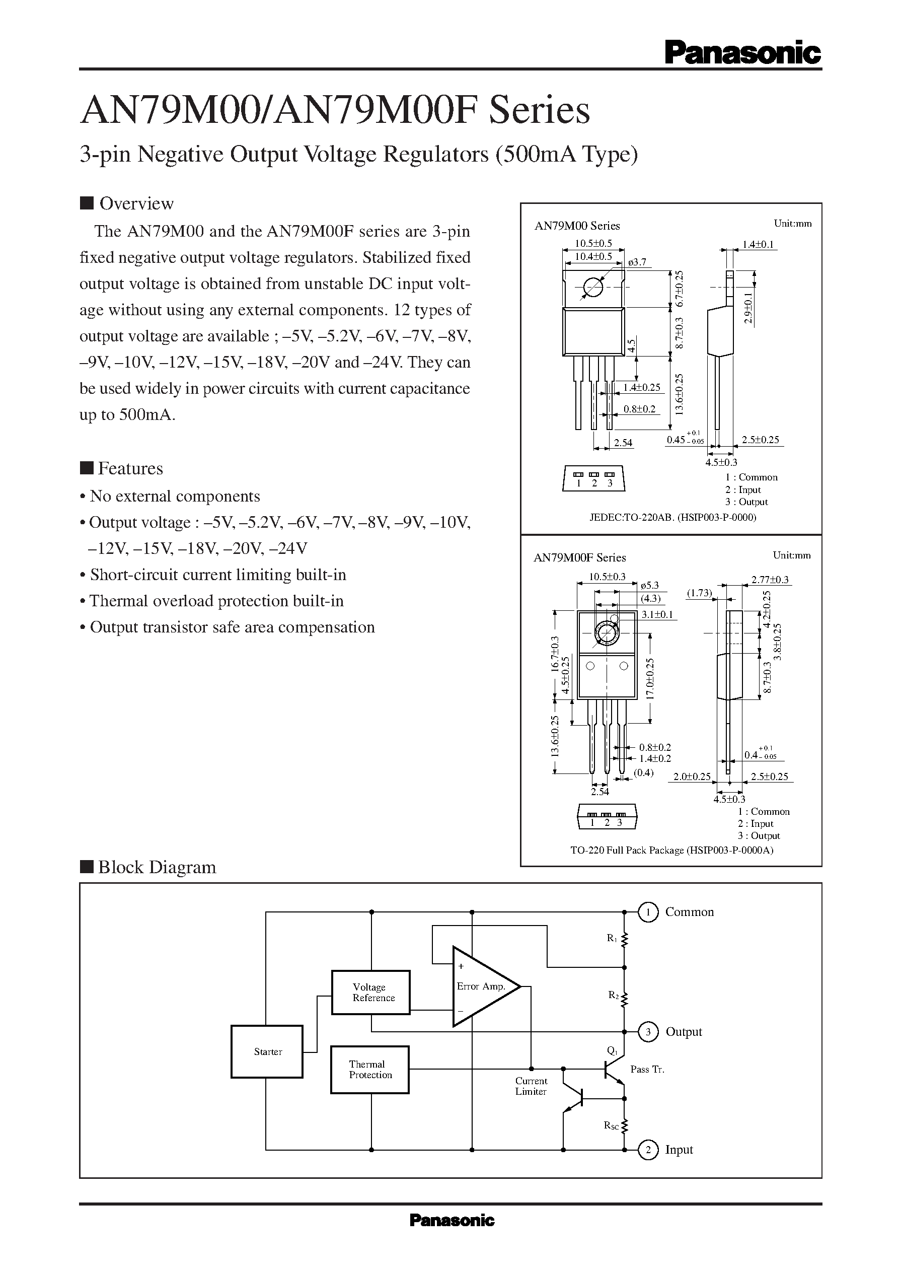 Datasheet AN79M00F page 1 Datasheet AN79M00F - 3-pin Negative Output Voltage Regulators 500mA Type page 1