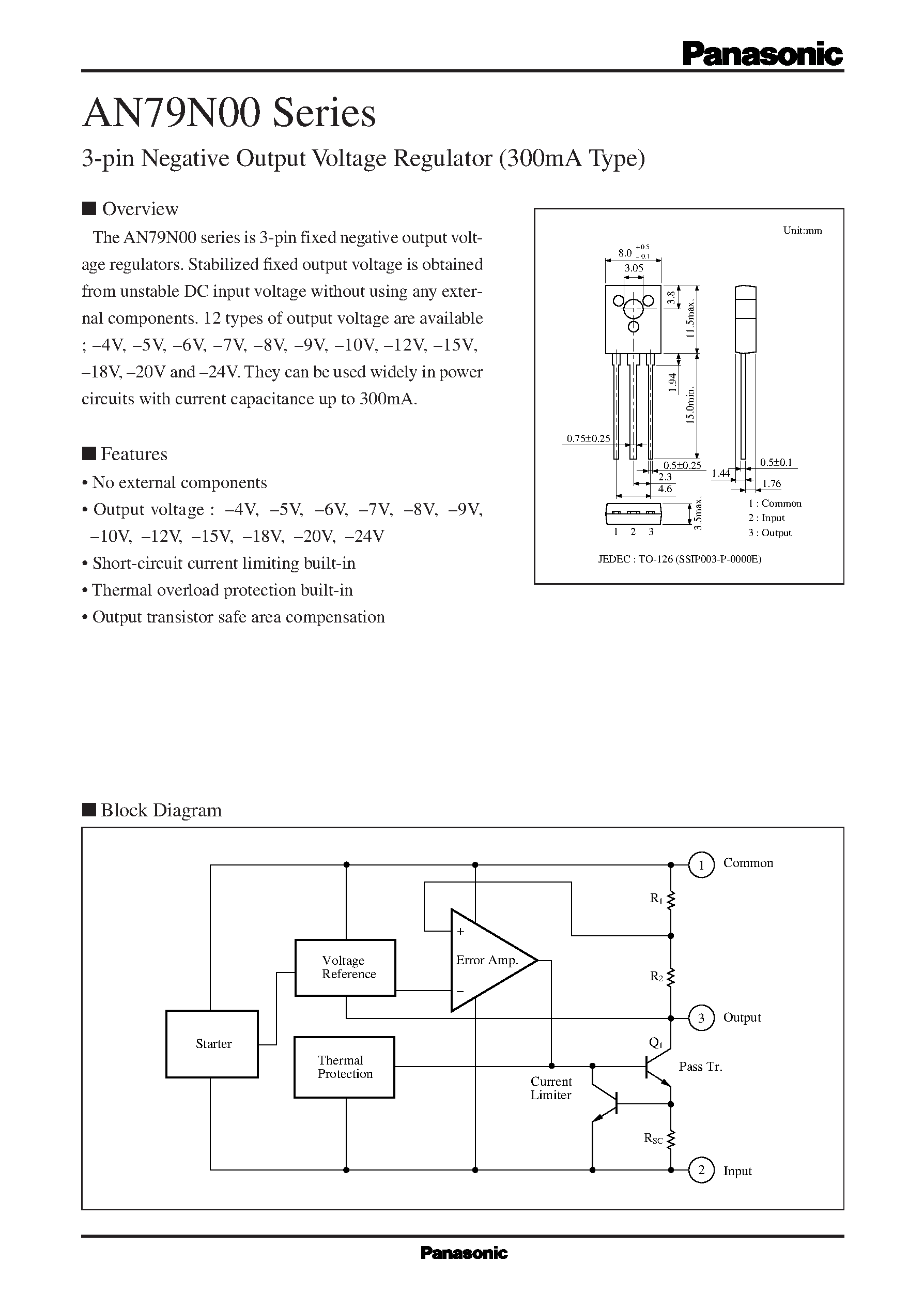 Datasheet AN79N00 page 1 Datasheet AN79N00 - 3-pin Negative Output Voltage Regulator 300mA Type page 1