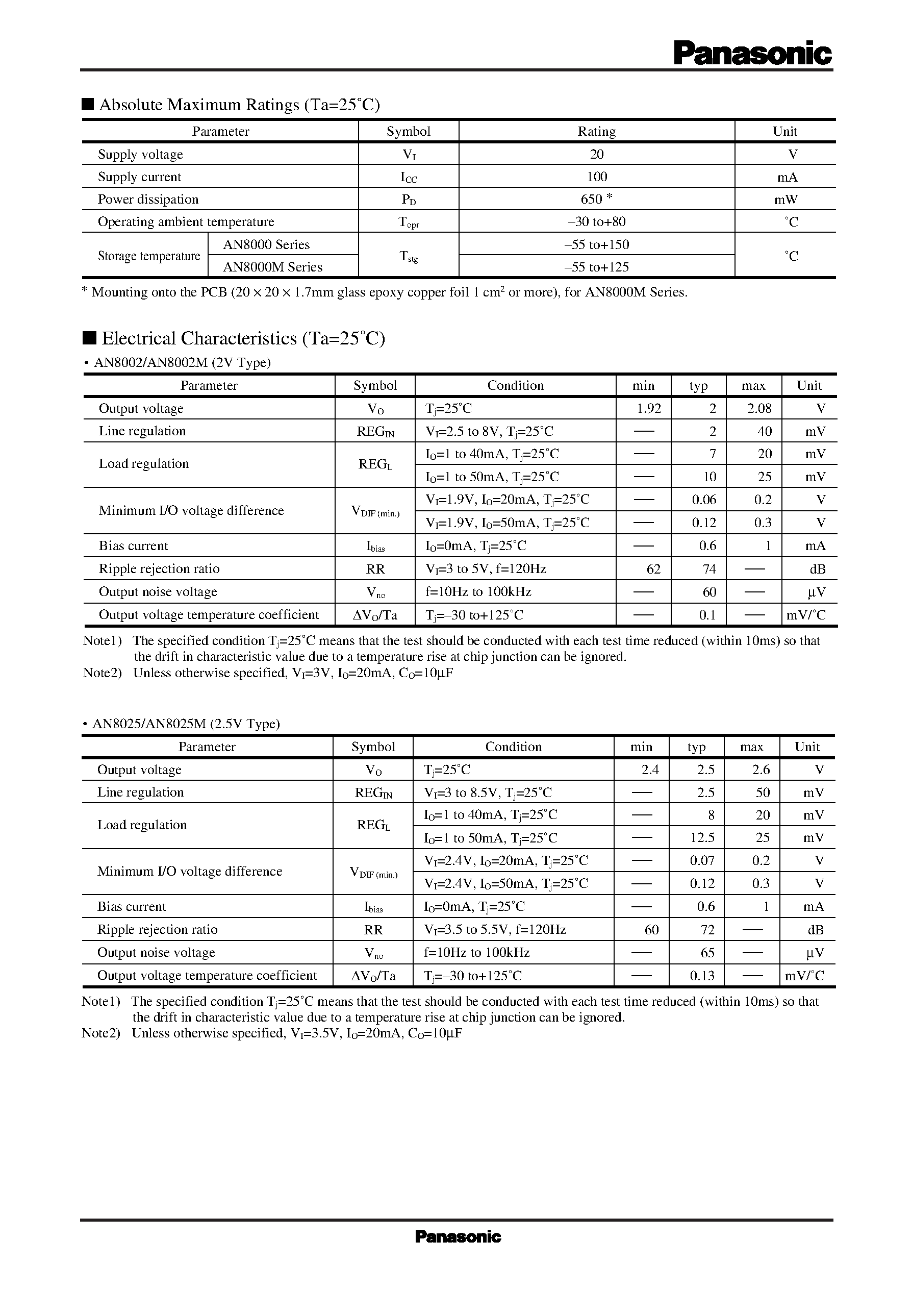 Datasheet AN8004M - 3-pin/ positive output/ low dropout voltage regulator (50 mA type) page 2