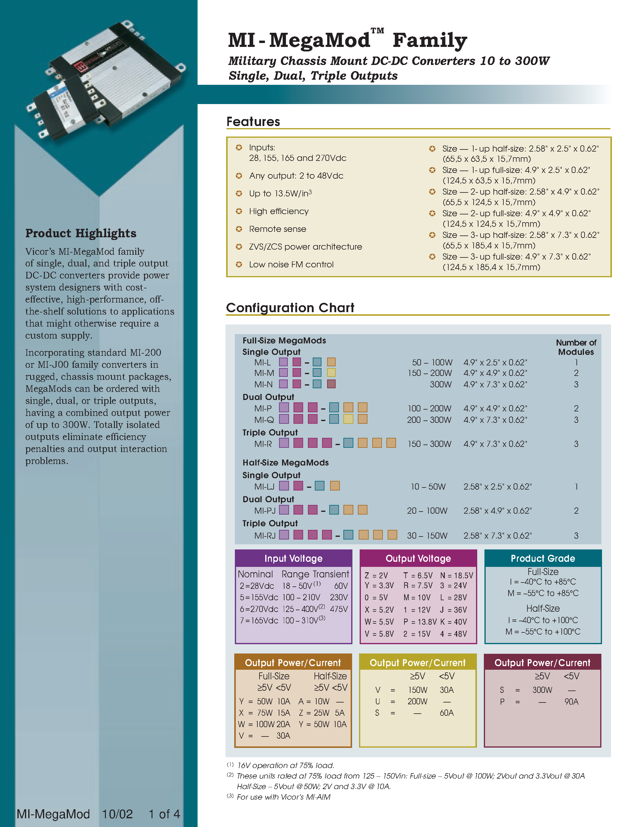 Datasheet MI-Q2K-MSA - Military Chassis Mount DC-DC Converters 10 to 300W Single/ Dual/ Triple Outputs page 1