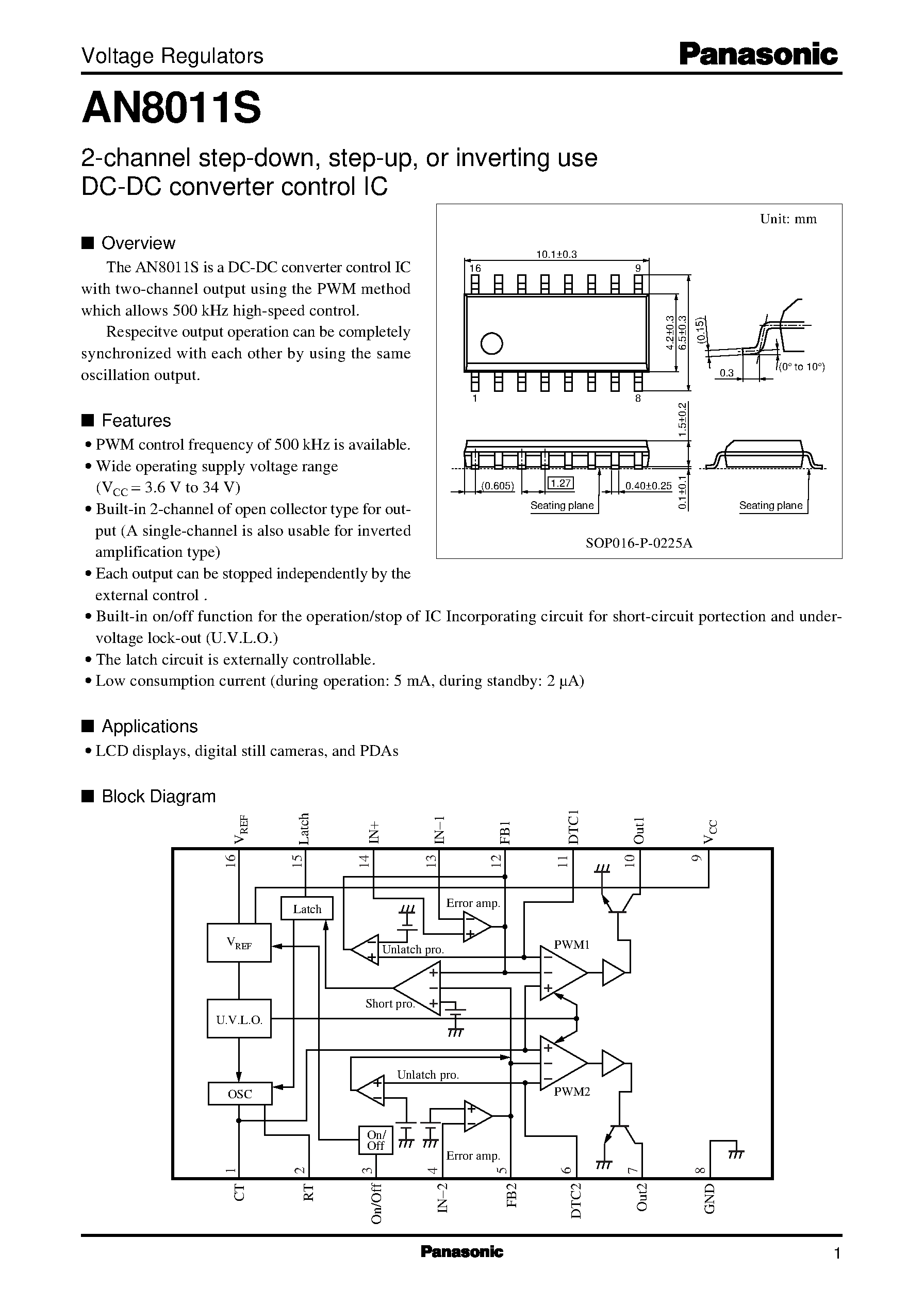 Даташит AN8011S - 2-channel step-down/ step-up/ or inverting use DC-DC converter control IC страница 1