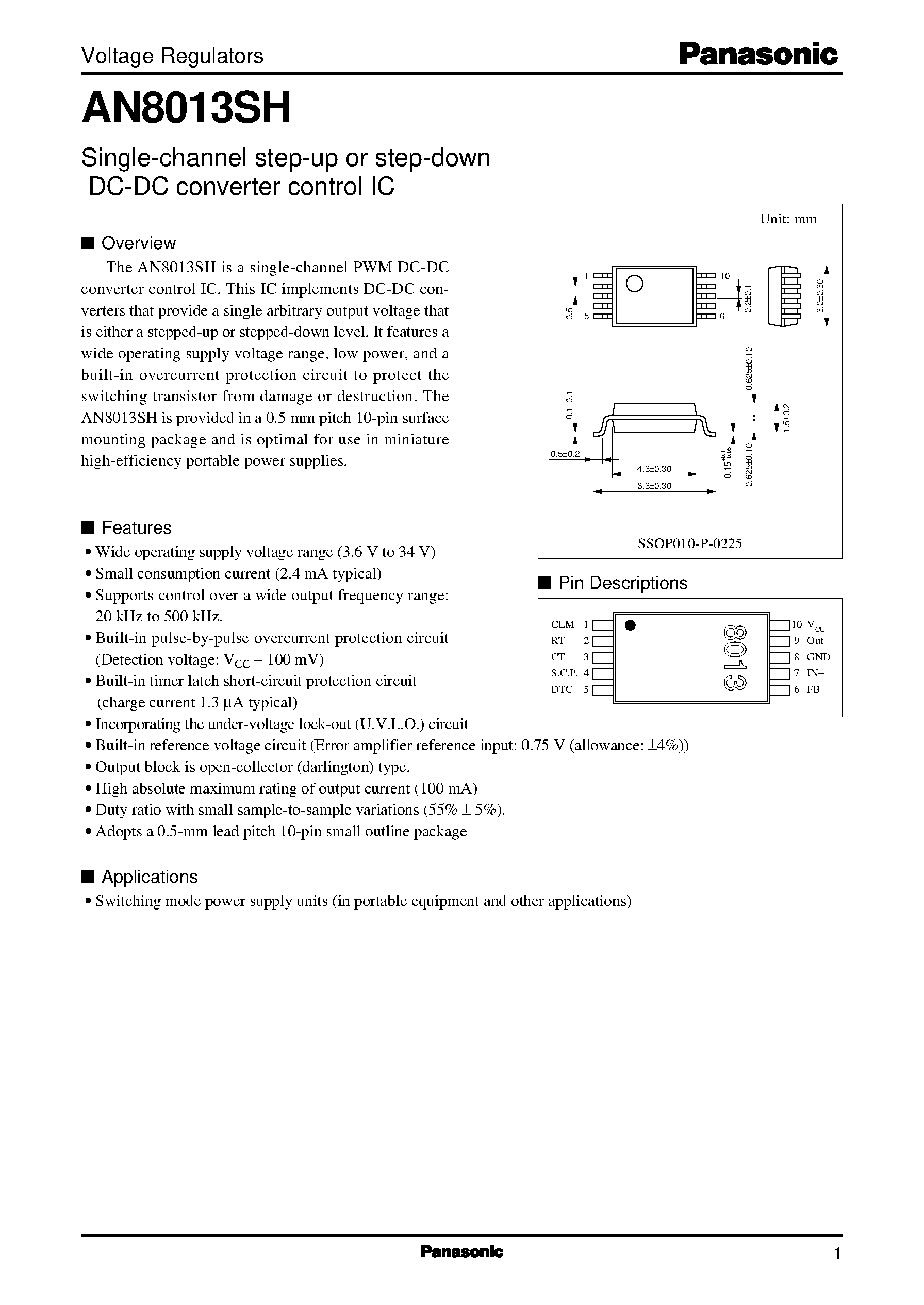 Даташит AN8013SH - Single-channel step-up or step-down DC-DC converter control IC страница 1