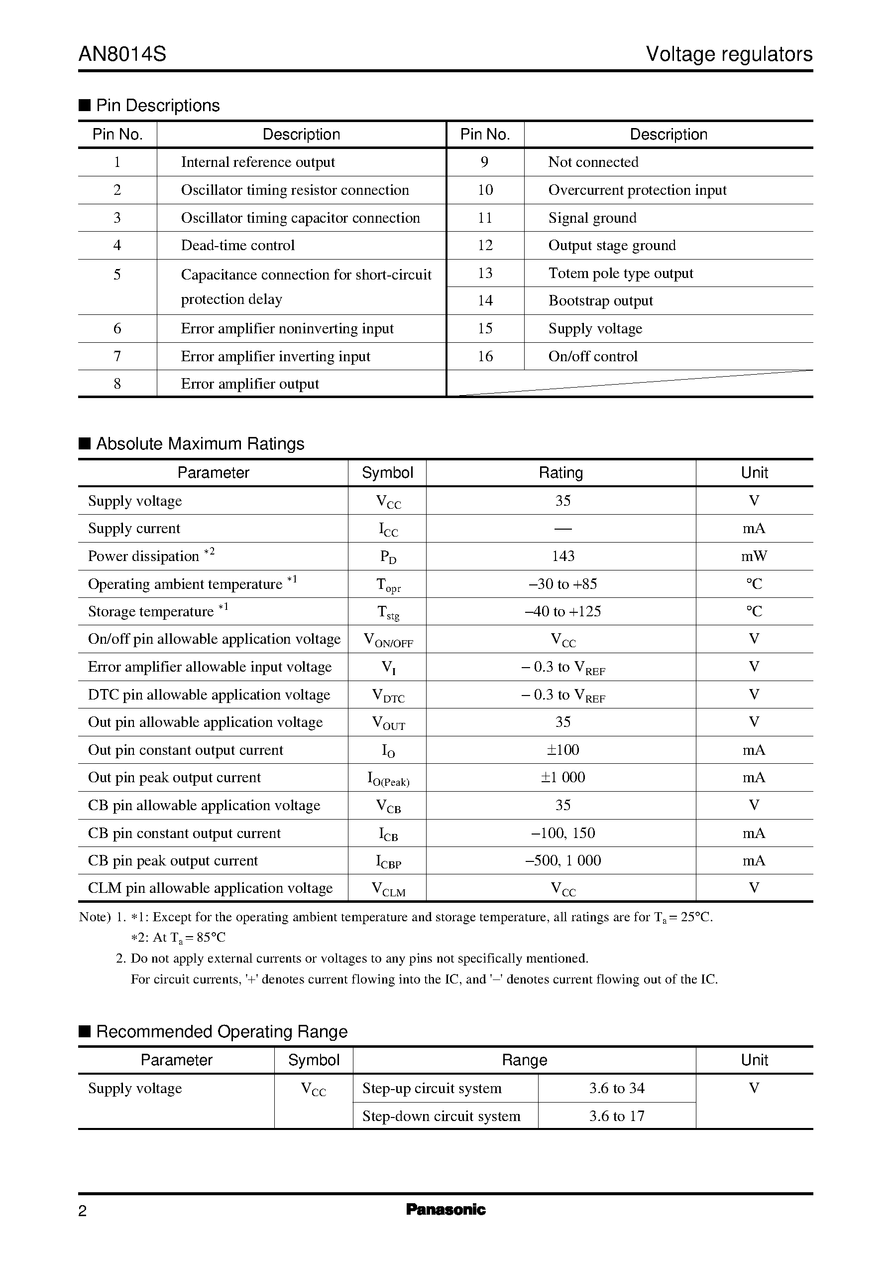 Даташит AN8014S - Step-down/ step-up/ or inverting DC-DC converter control IC страница 2