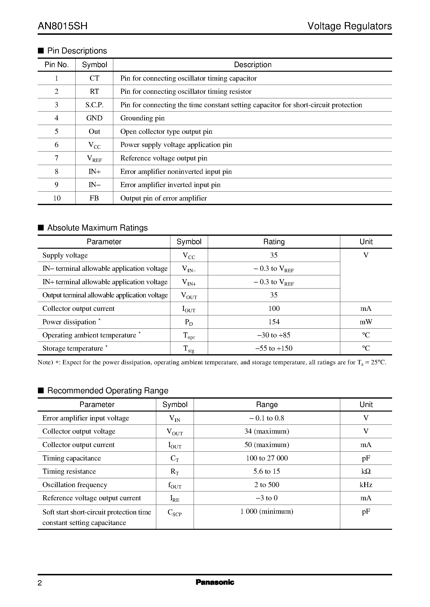 Даташит AN8015SH - Single-channel step-down/ step-up/ or inverting use DC-DC converter control IC страница 2