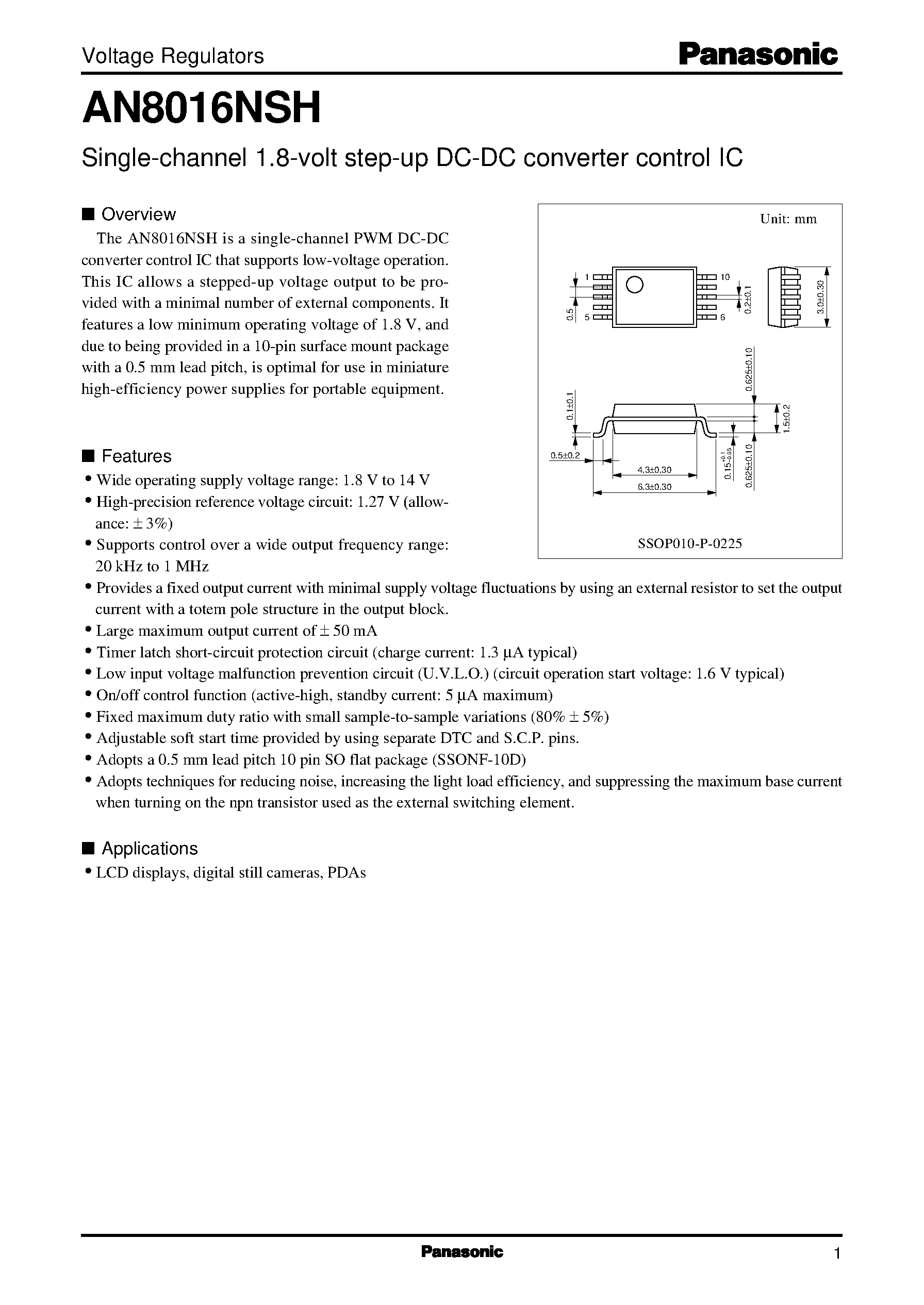 Datasheet AN8016NSH - Single-channel 1.8-volt step-up DC-DC converter control IC page 1