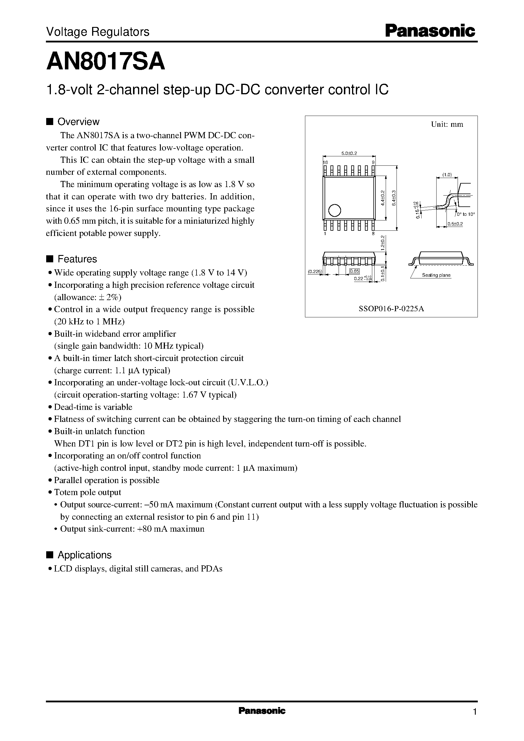 Datasheet AN8017SA page 1 Datasheet AN8017SA - 1.8-volt 2-channel step-up DC-DC converter control IC page 1