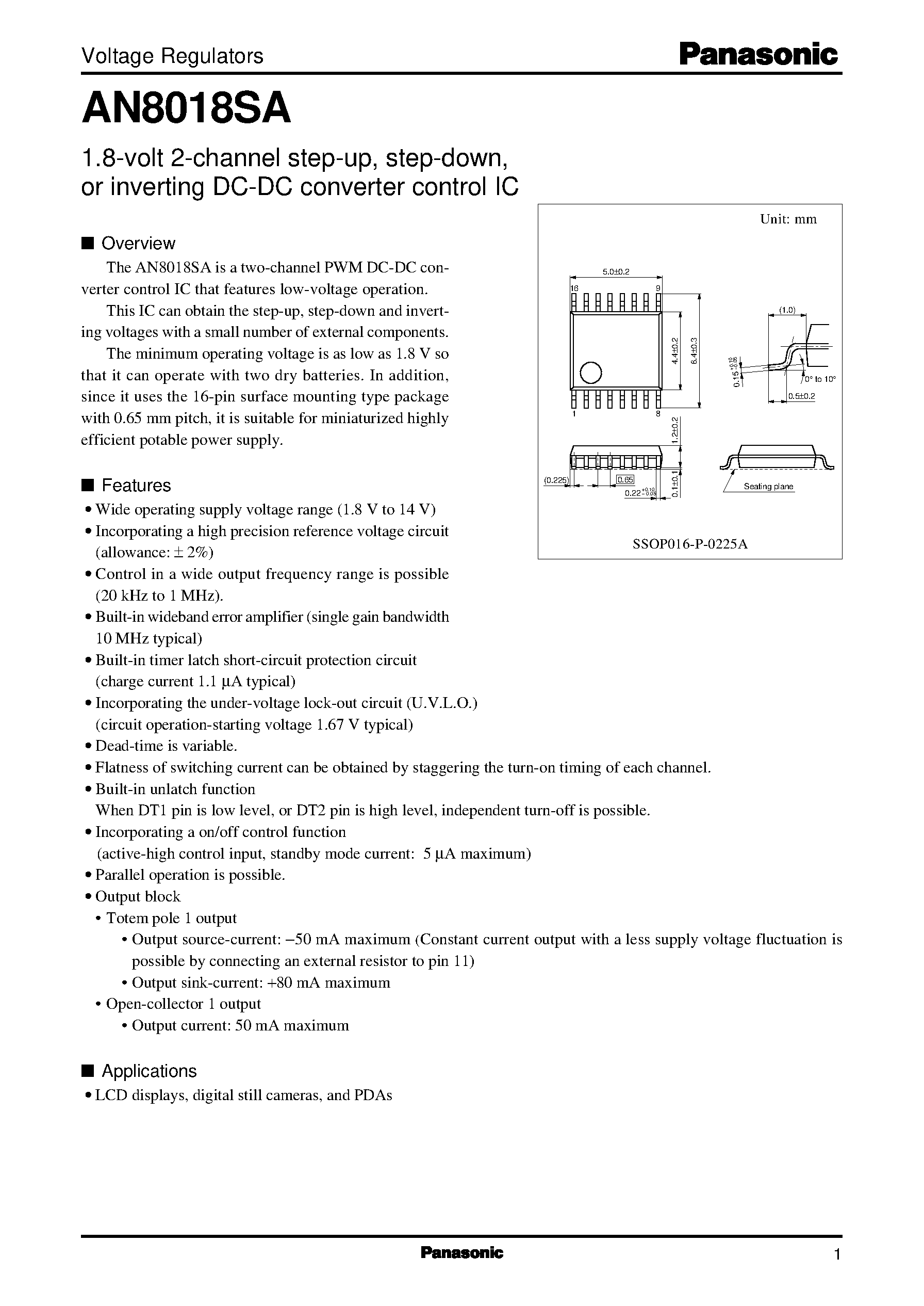 Даташит AN8018 - 1.8-volt 2-channel step-up/ step-down/ or inverting DC-DC converter control IC страница 1
