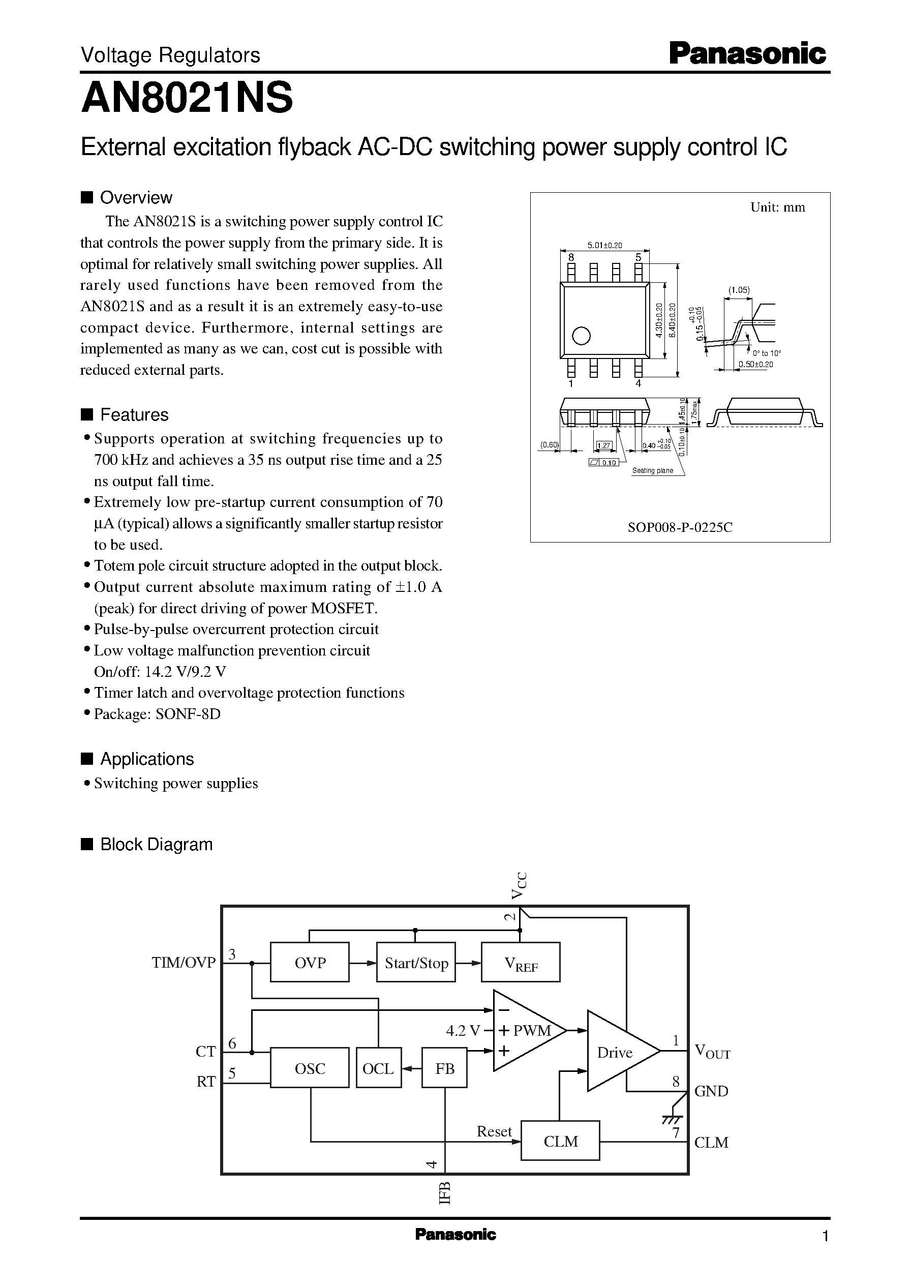 Даташит на микросхему AN8021NS страница 1 Даташит AN8021NS - External excitation flyback AC-DC switching power supply control IC страница 1