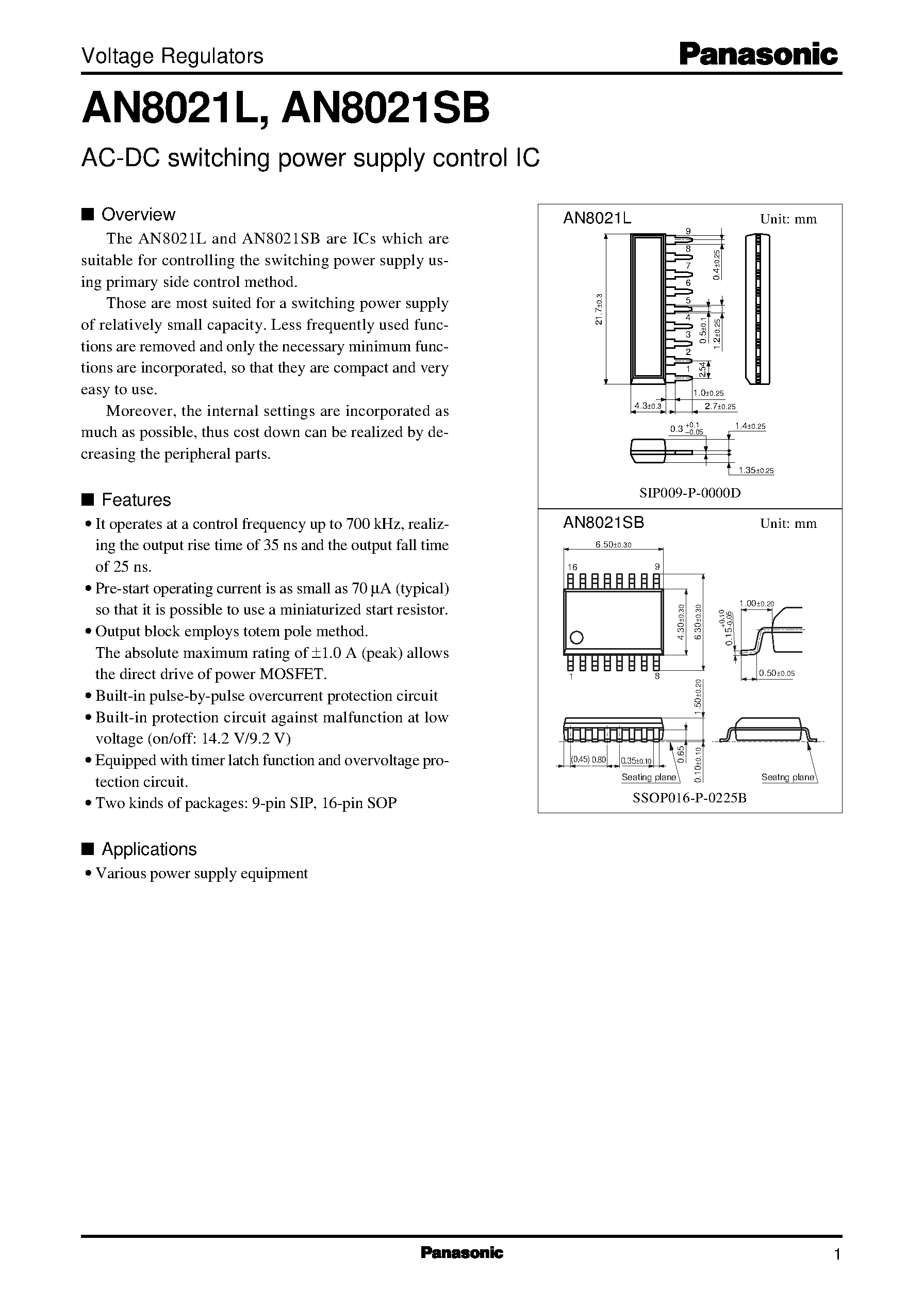 Даташит на микросхему AN8021SB страница 1 Даташит AN8021SB - AC-DC switching power supply control IC страница 1