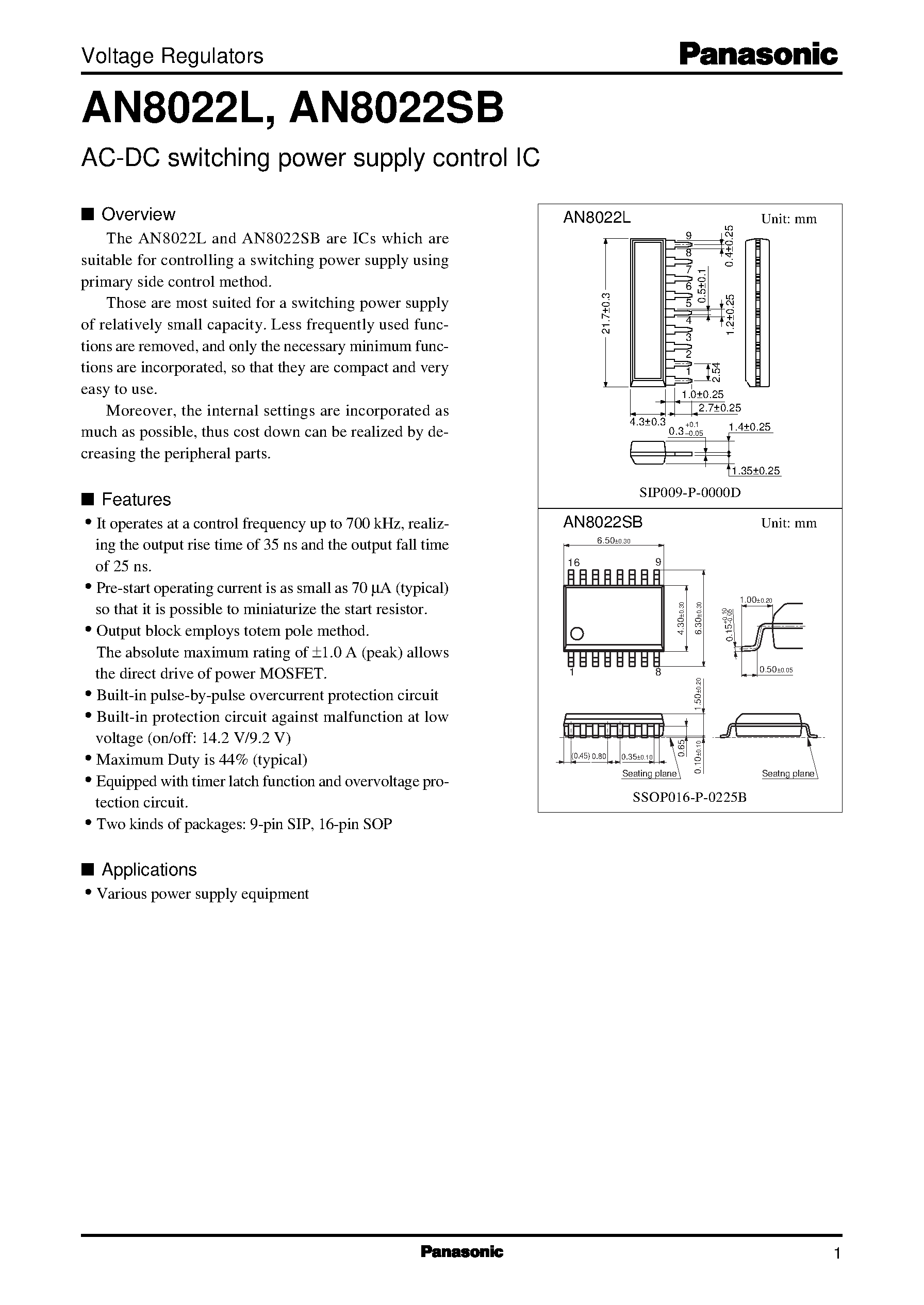 Даташит на микросхему AN8022SB страница 1 Даташит AN8022SB - AC-DC switching power supply control IC страница 1