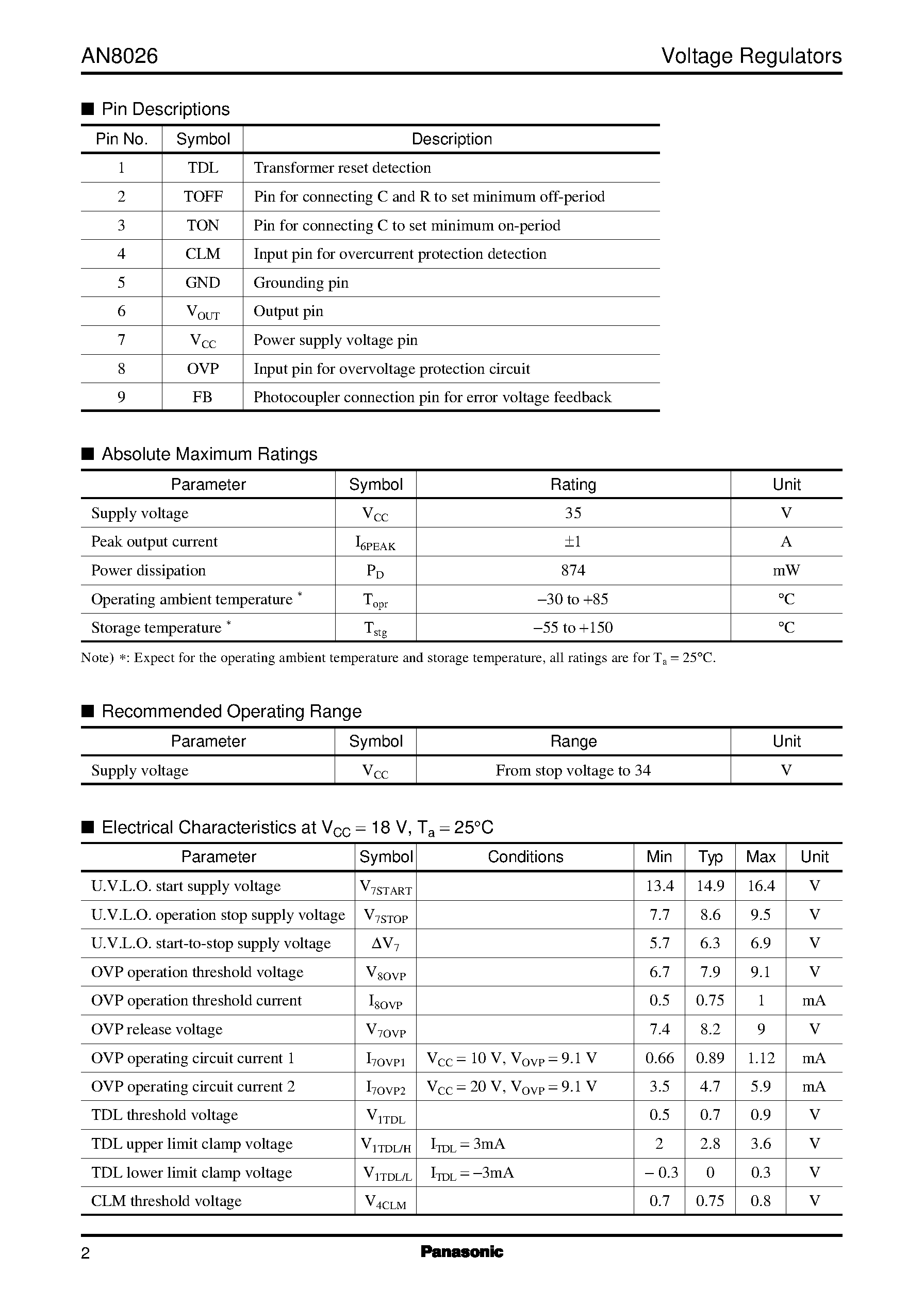 Даташит на микросхему AN8026 страница 2 Даташит AN8026 - Self-excited RCC pseudo-resonance type AC-DC switching power supply control IC страница 2