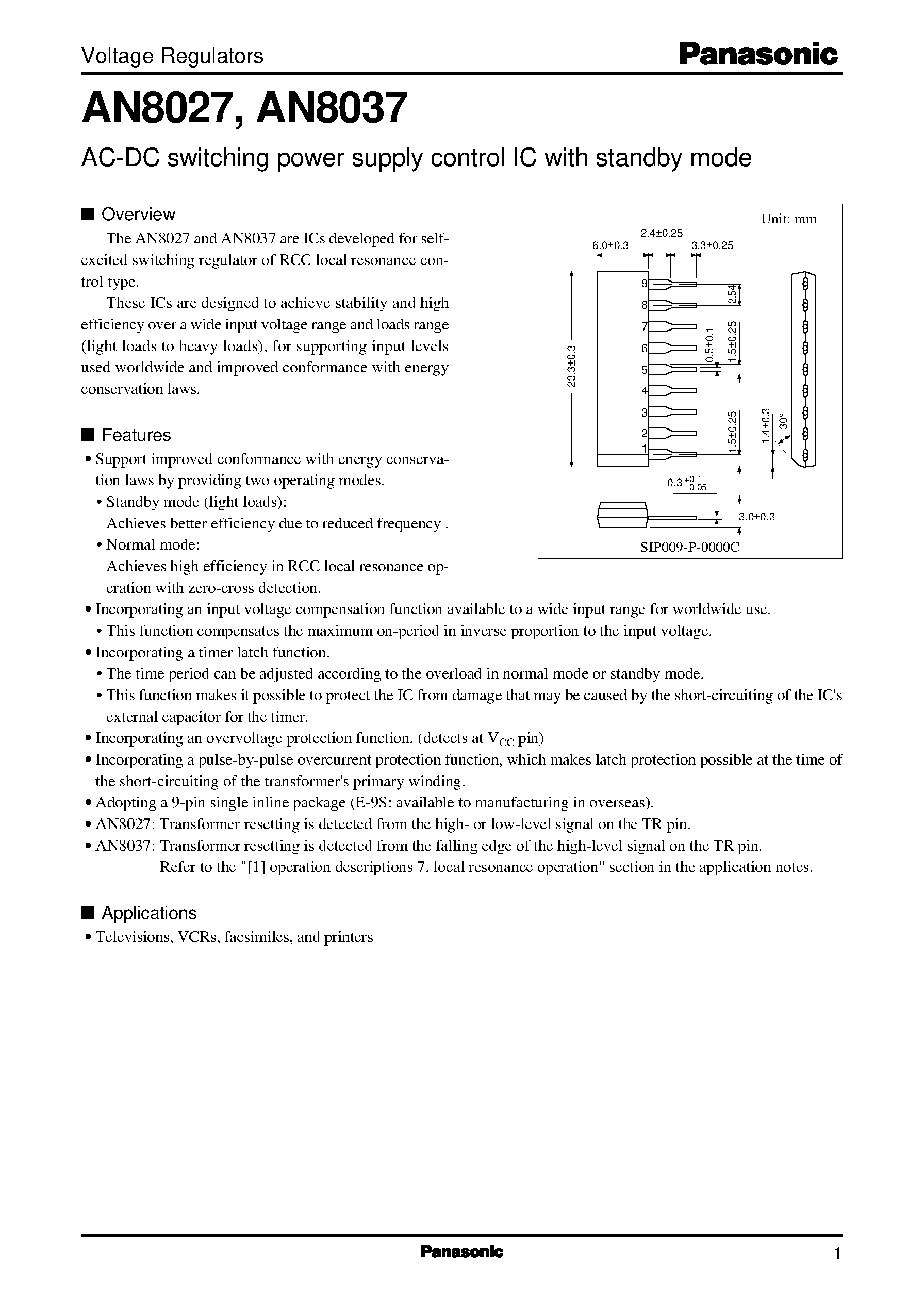 Datasheet AN8027 - AC-DC switching power supply control IC with standby mode page 1