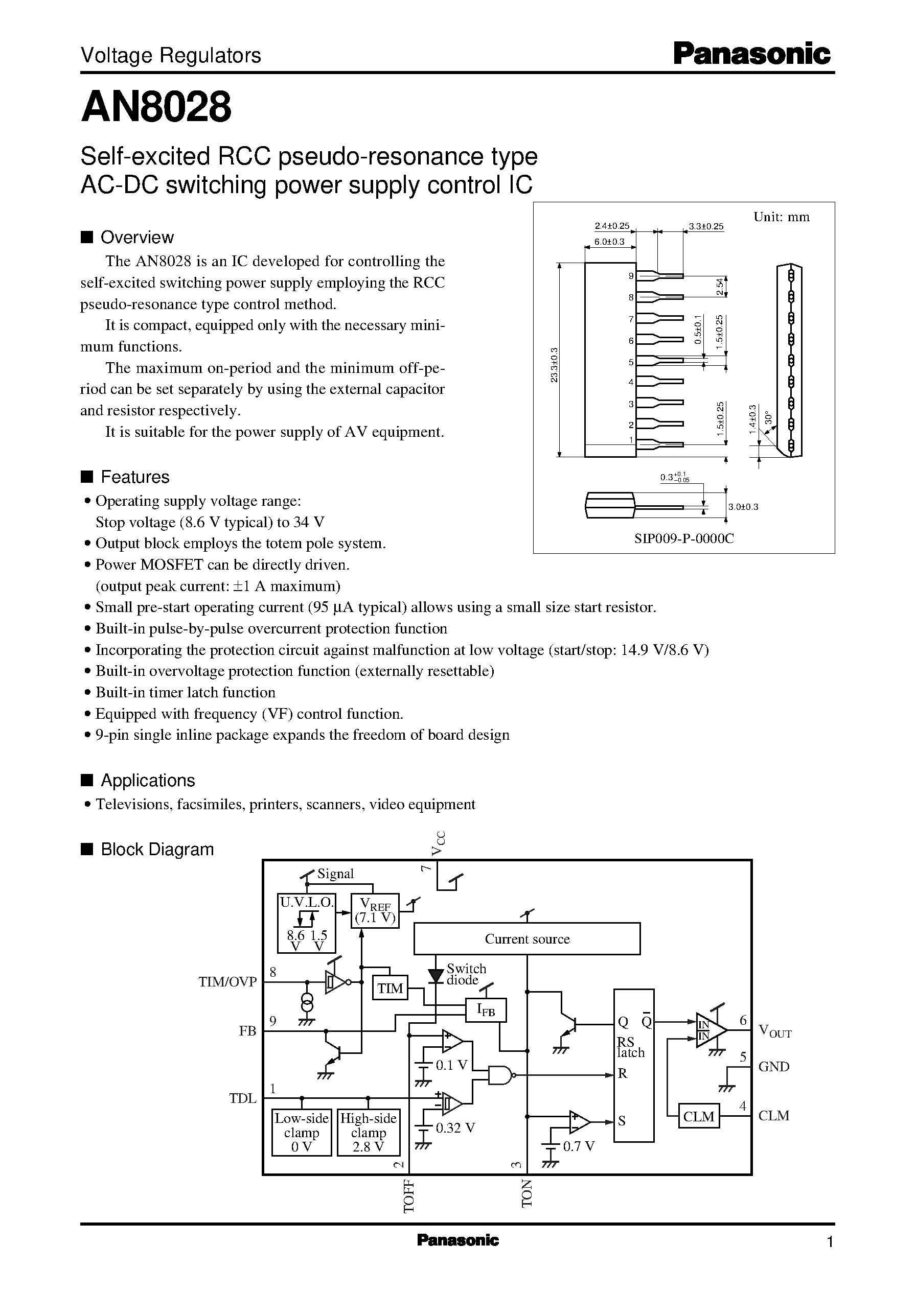 Даташит на микросхему AN8028 страница 1 Даташит AN8028 - Self-excited RCC pseudo-resonance type AC-DC switching power supply control IC страница 1