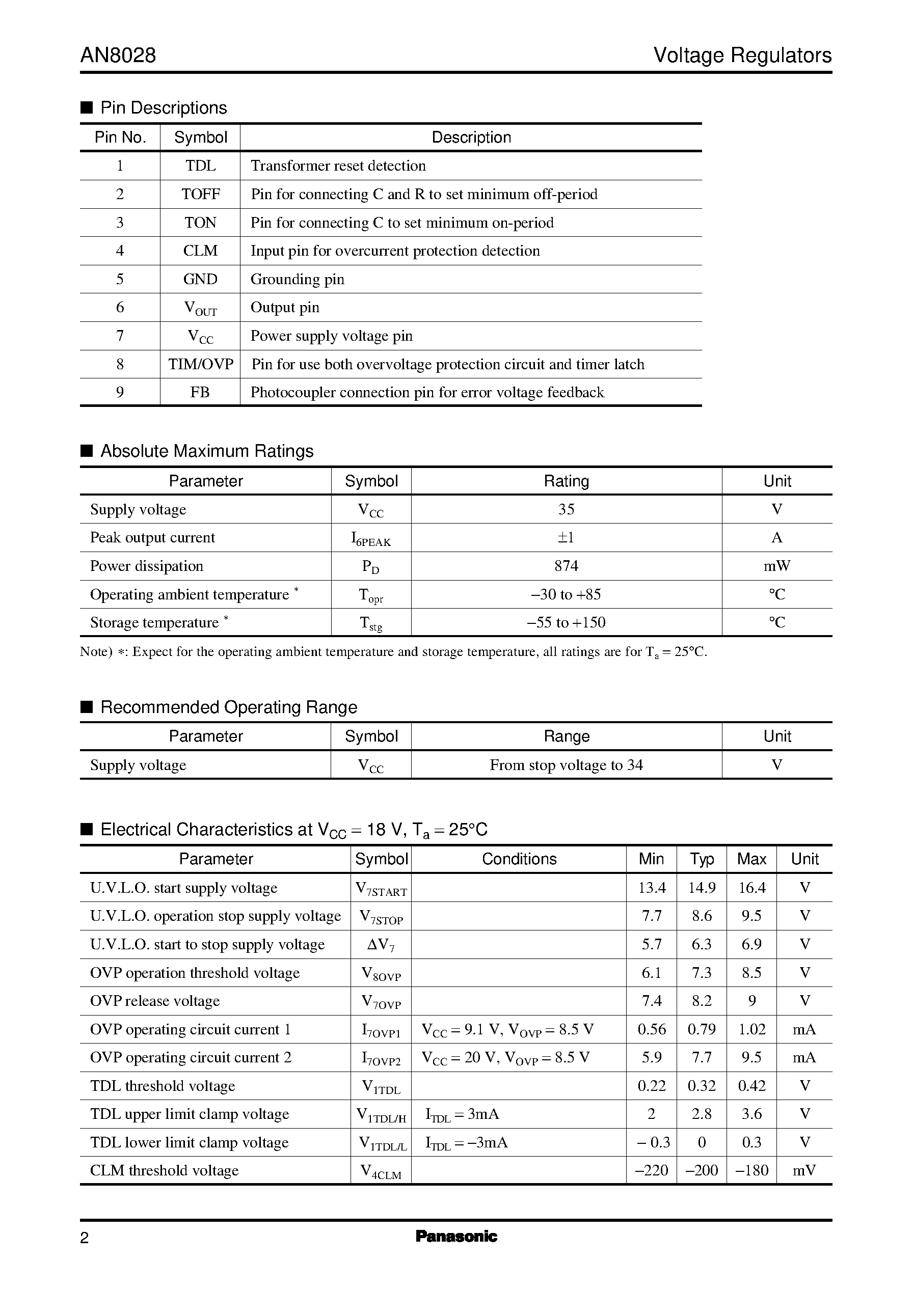 Даташит на микросхему AN8028 страница 2 Даташит AN8028 - Self-excited RCC pseudo-resonance type AC-DC switching power supply control IC страница 2