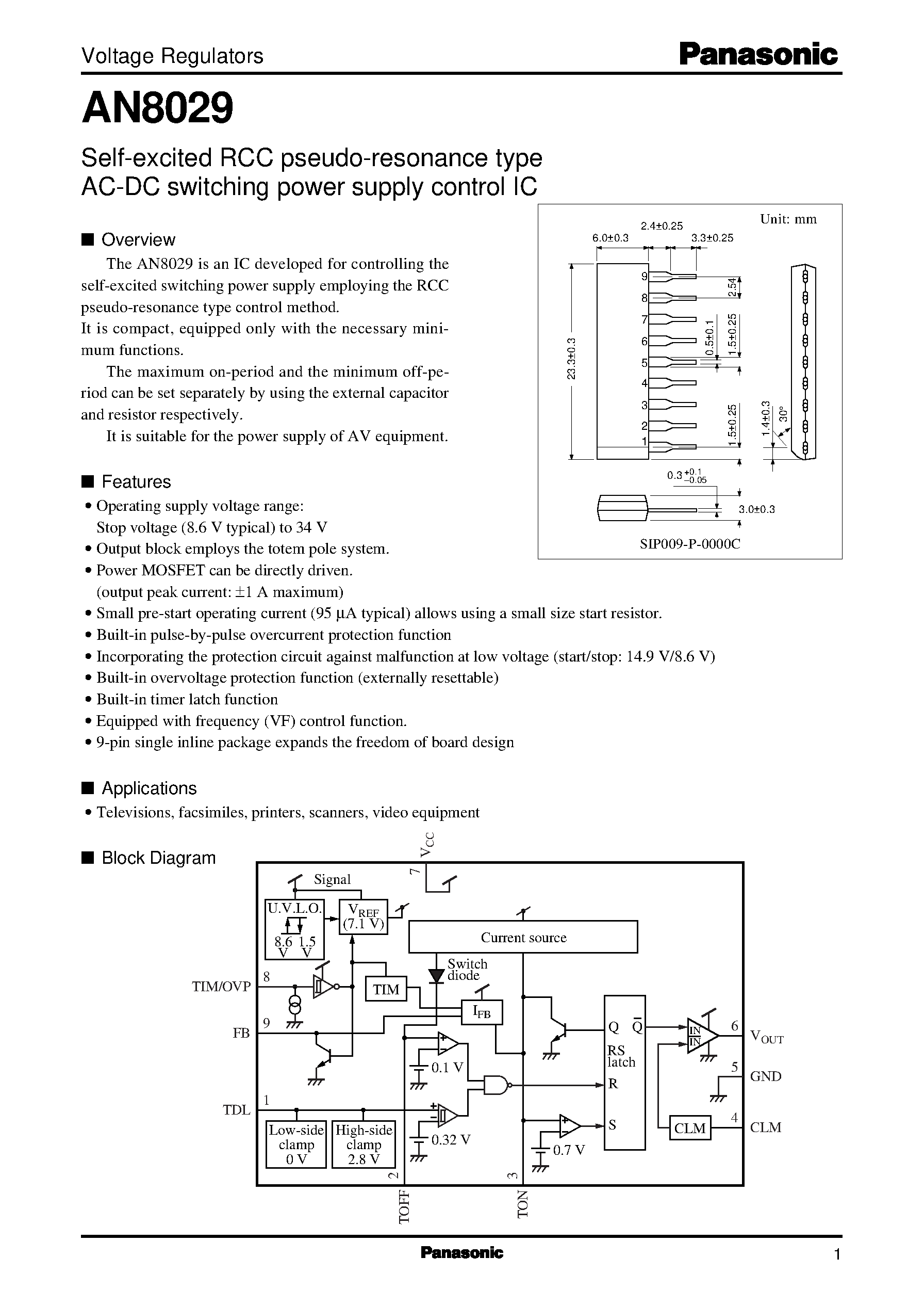Даташит на микросхему AN8029 страница 1 Даташит AN8029 - Self-excited RCC pseudo-resonance type AC-DC switching power supply control IC страница 1