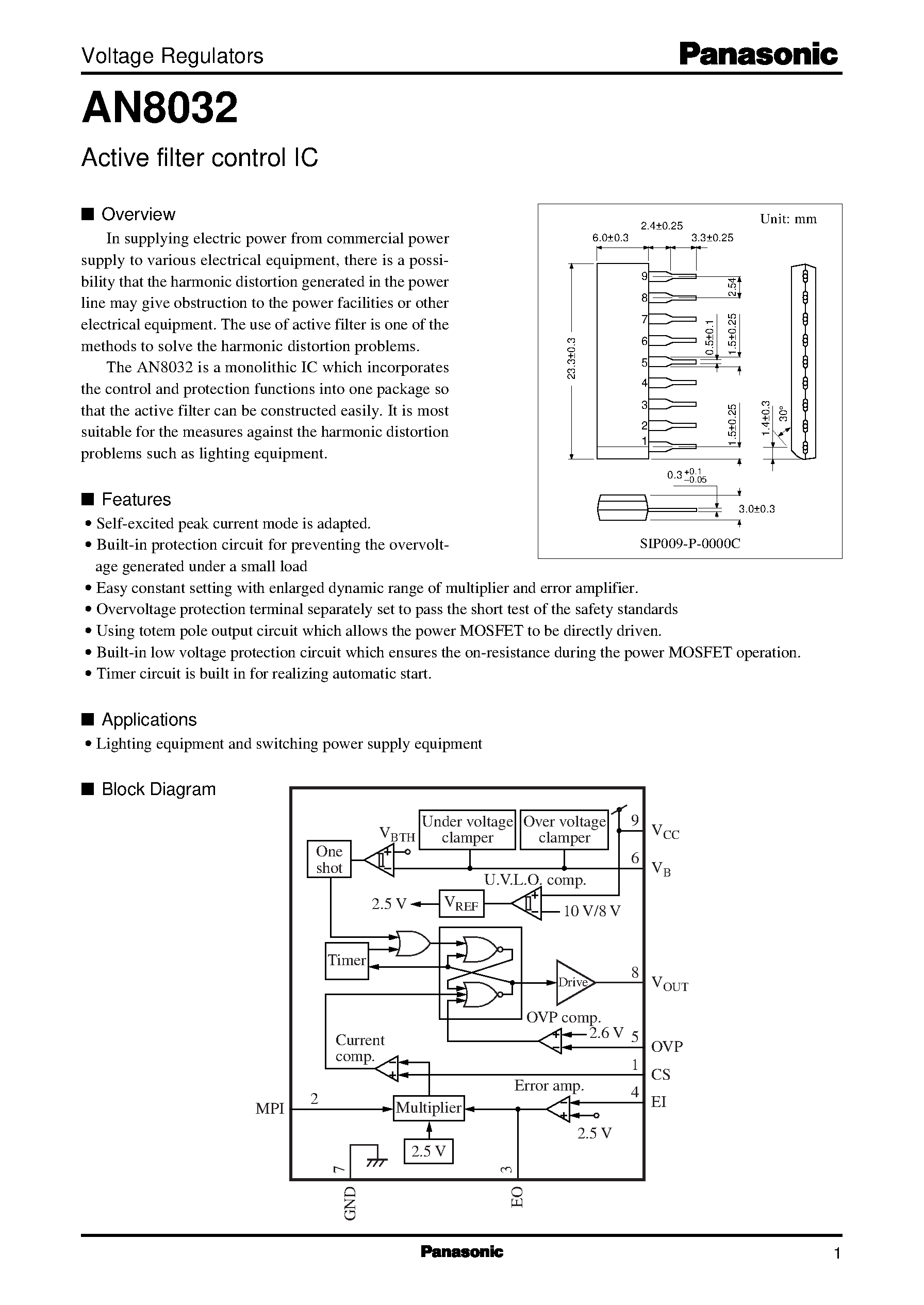 Даташит на микросхему AN8032 страница 1 Даташит AN8032 - Active filter control IC страница 1