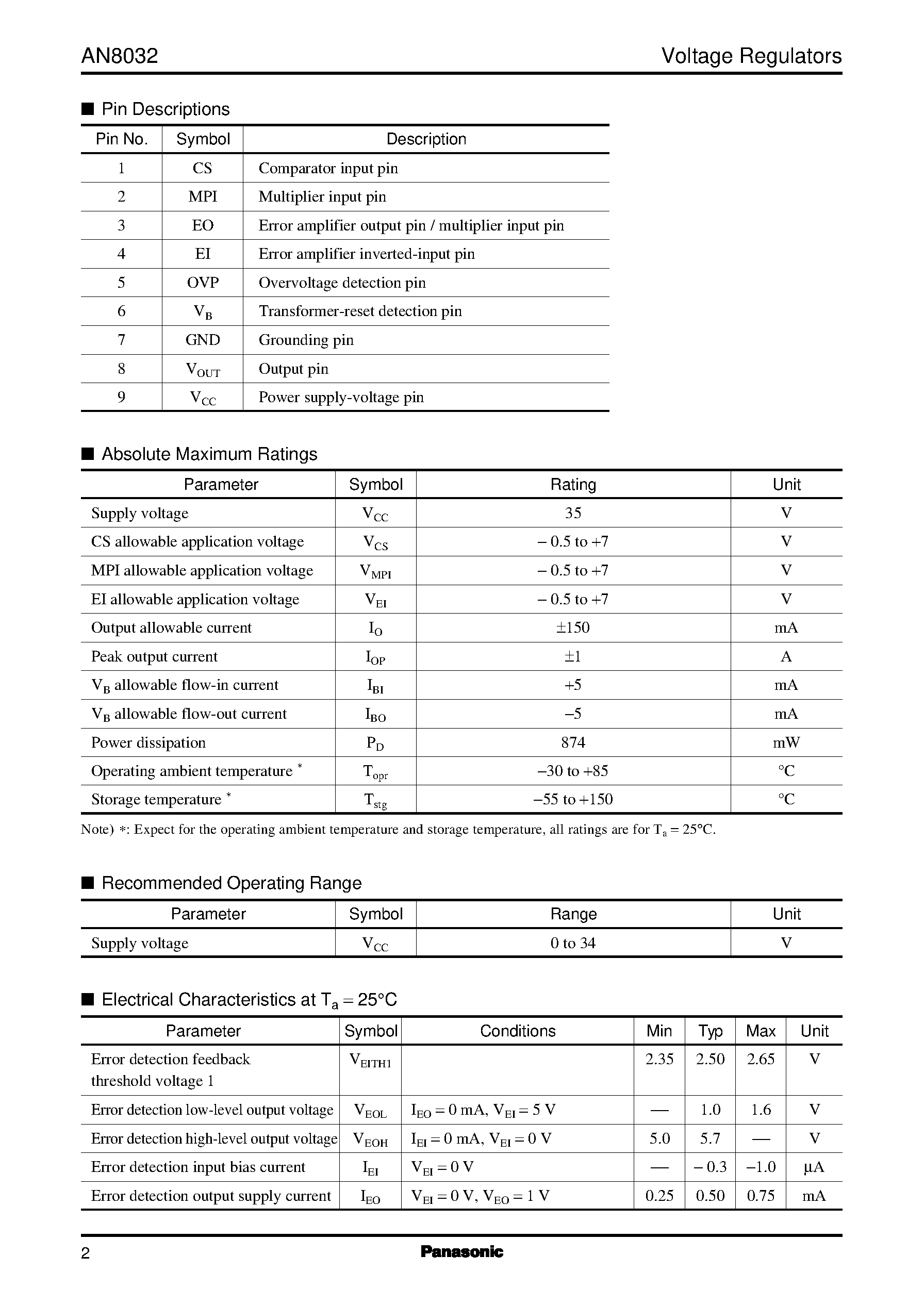 Даташит на микросхему AN8032 страница 2 Даташит AN8032 - Active filter control IC страница 2