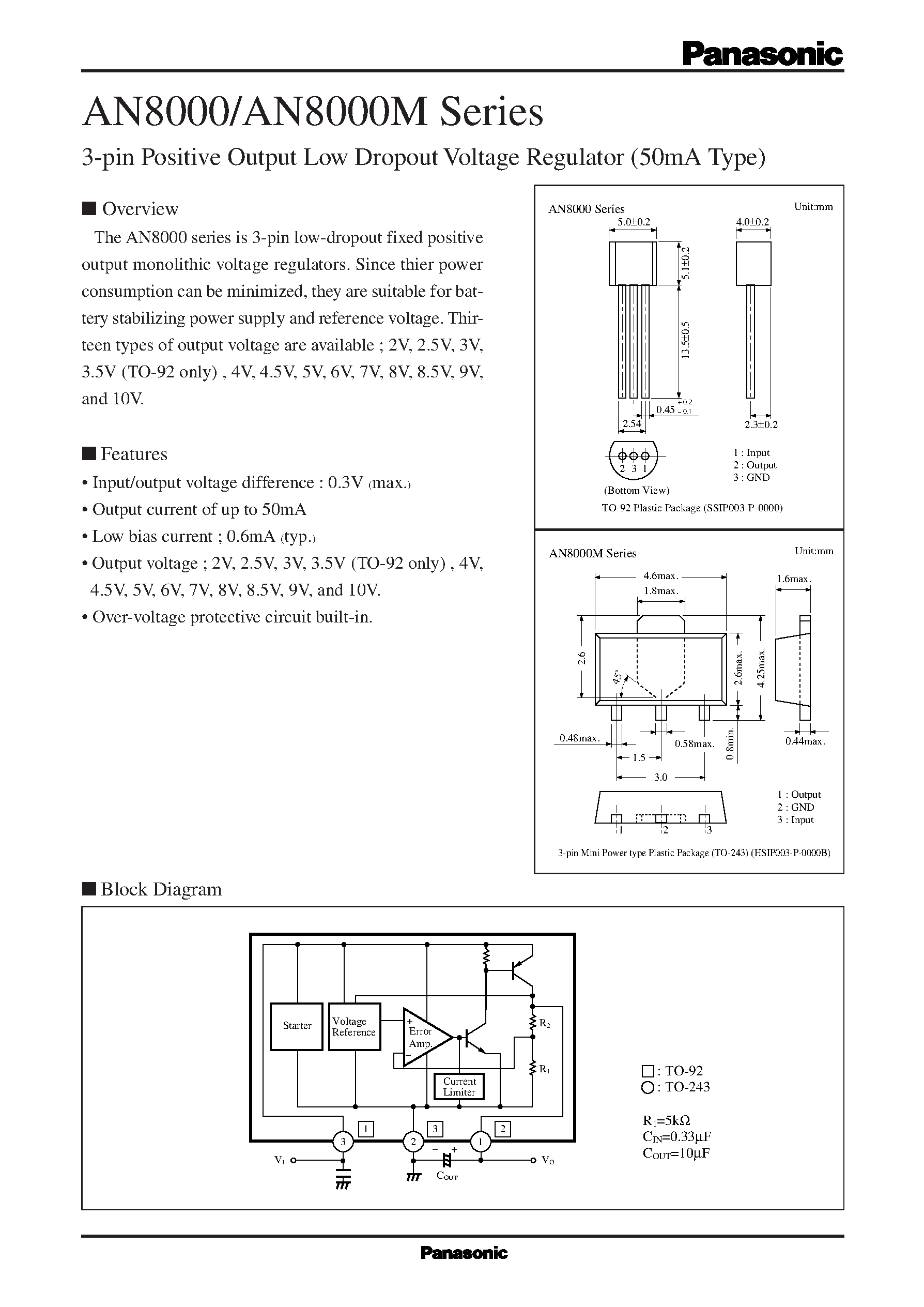 Datasheet AN8035 page 1 Datasheet AN8035 - 3-pin/ positive output/ low dropout voltage regulator (50 mA type) page 1