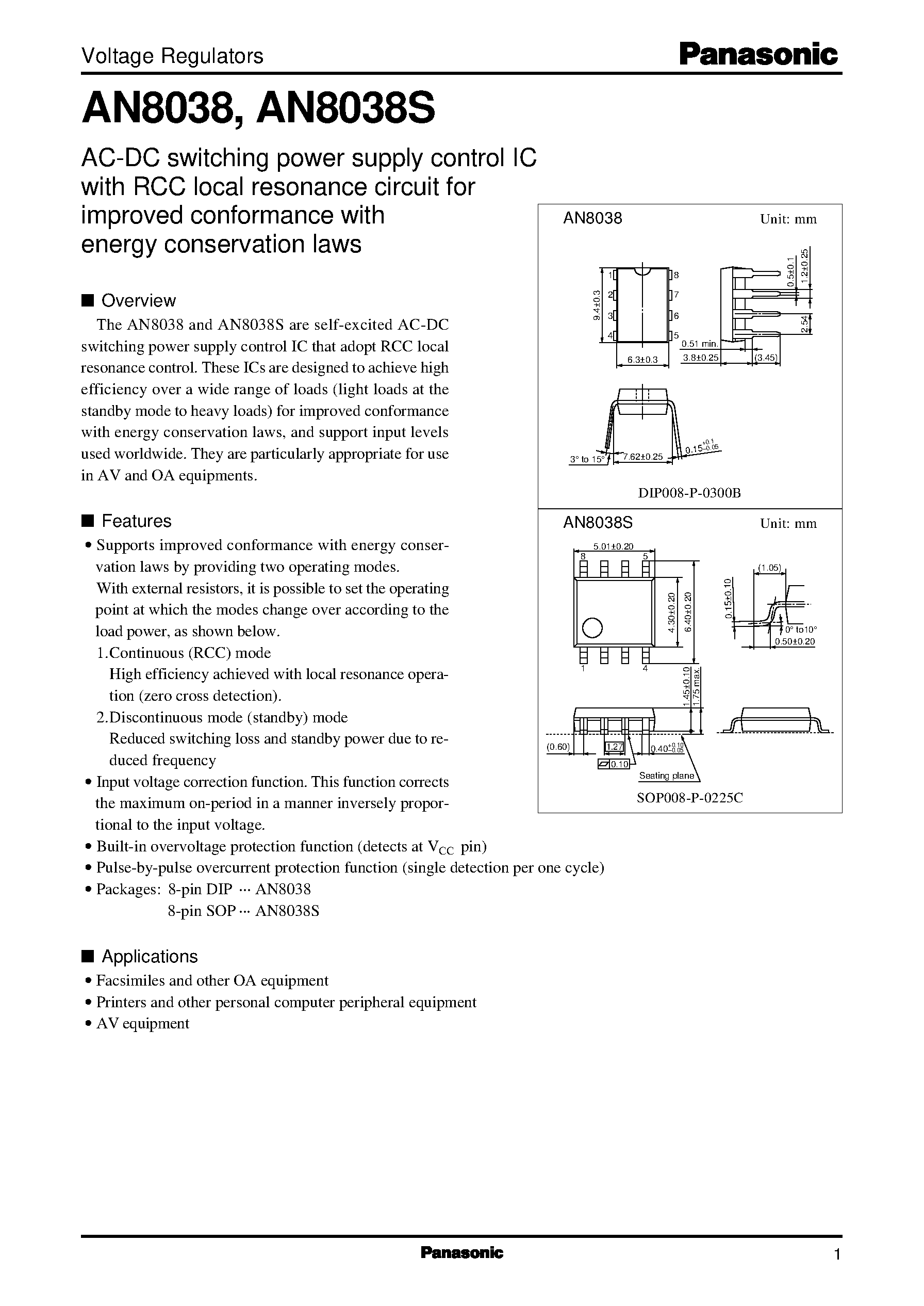 Даташит AN8038S - AC-DC switching power supply control IC with RCC local resonance circuit for improved conformance with energy conservation laws страница 1