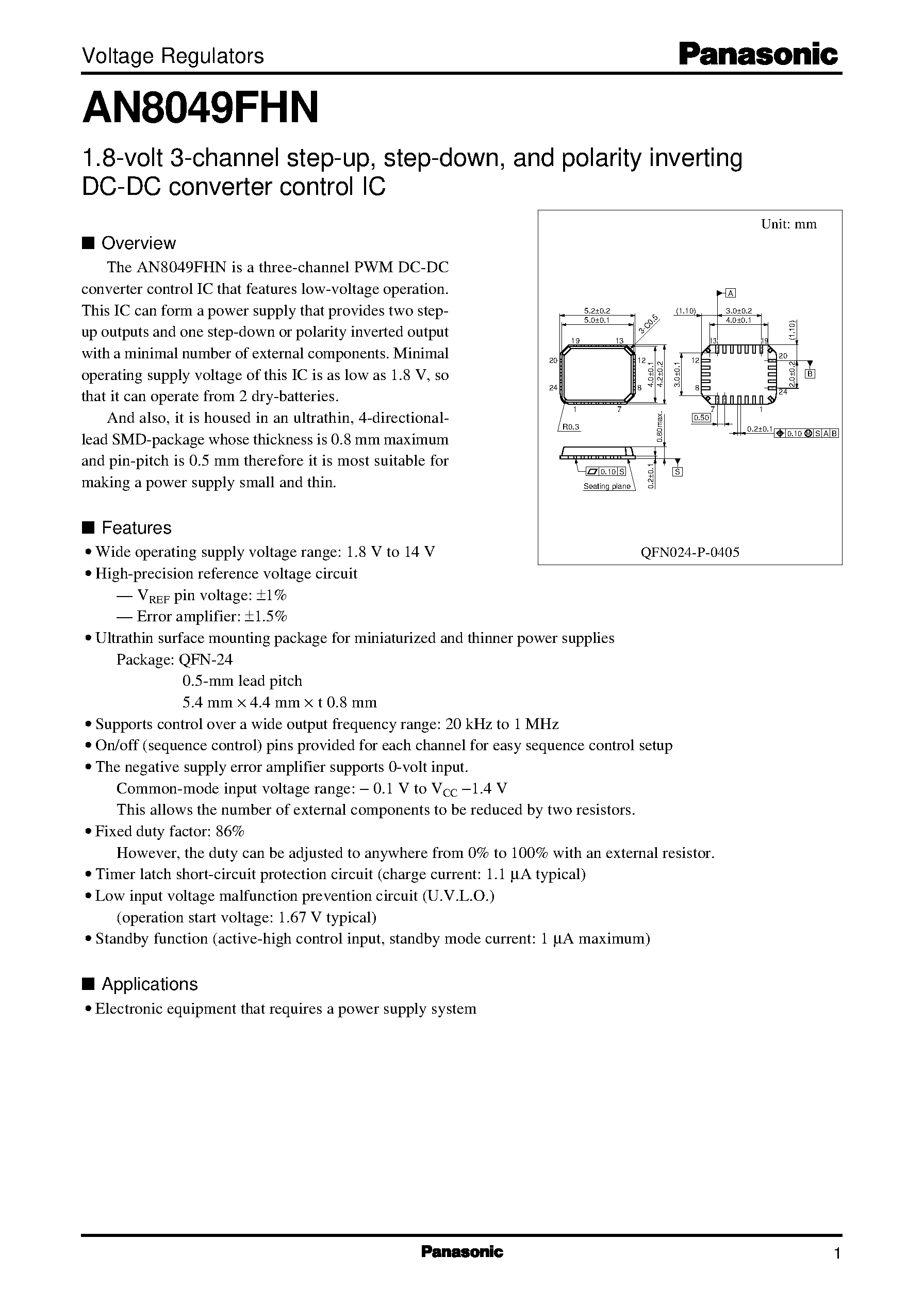 Даташит AN8049 - 1.8-volt 3-channel step-up/ step-down/ and polarity inverting DC-DC converter control IC страница 1