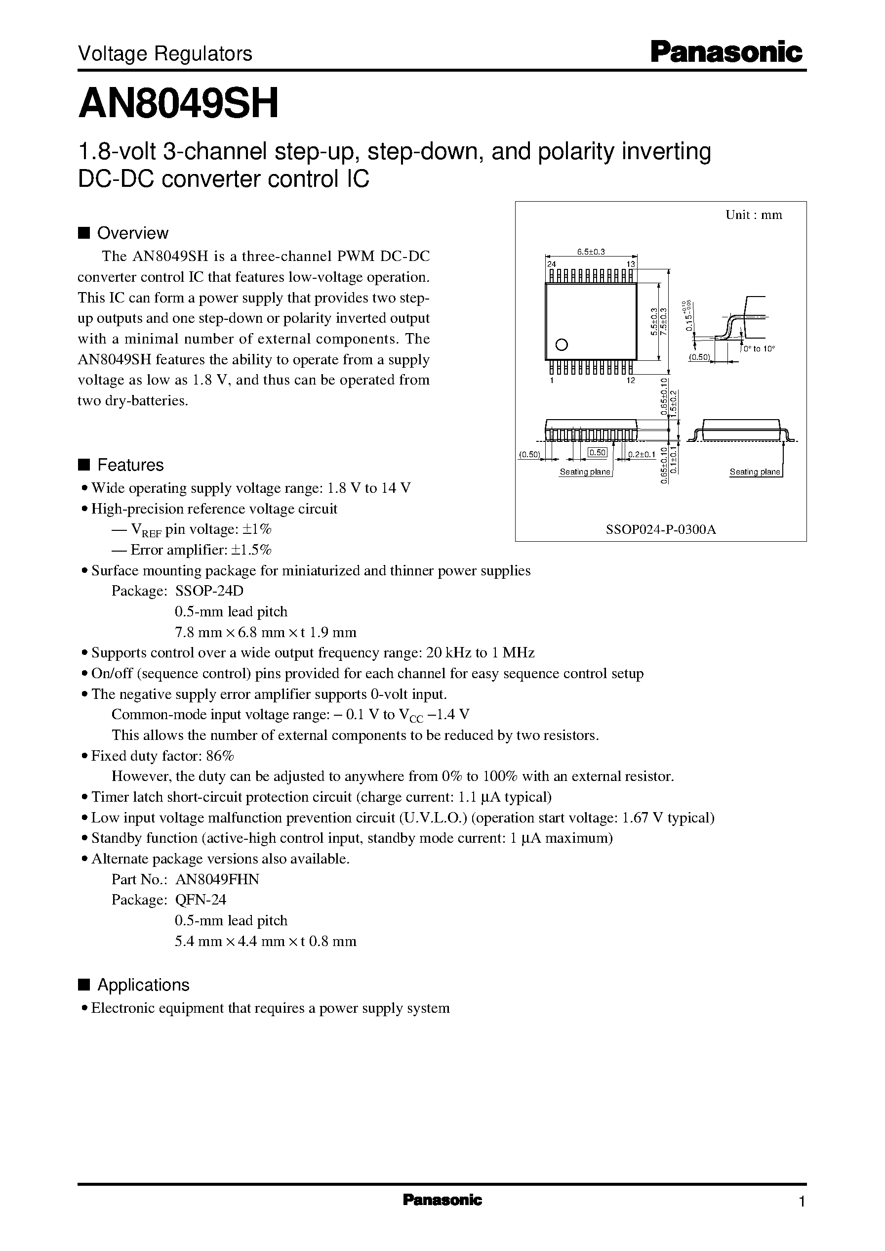 Даташит AN8049SH - 1.8-volt 3-channel step-up/ step-down/ and polarity inverting DC-DC converter control IC страница 1