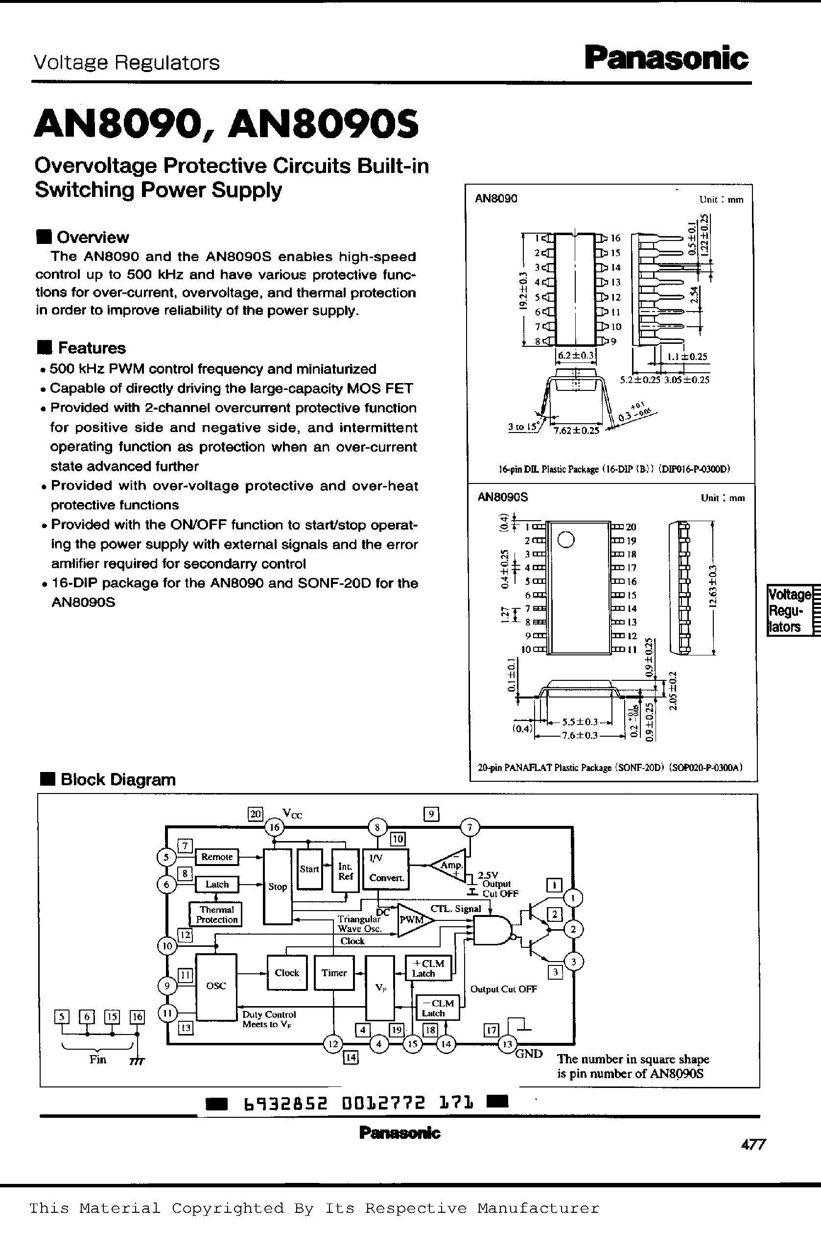 Даташит AN8090 - OVERVOLTAGE PROTECTIVE CIRCUIRS BUILT-IN SWITCHING POWER SUPPLY страница 1
