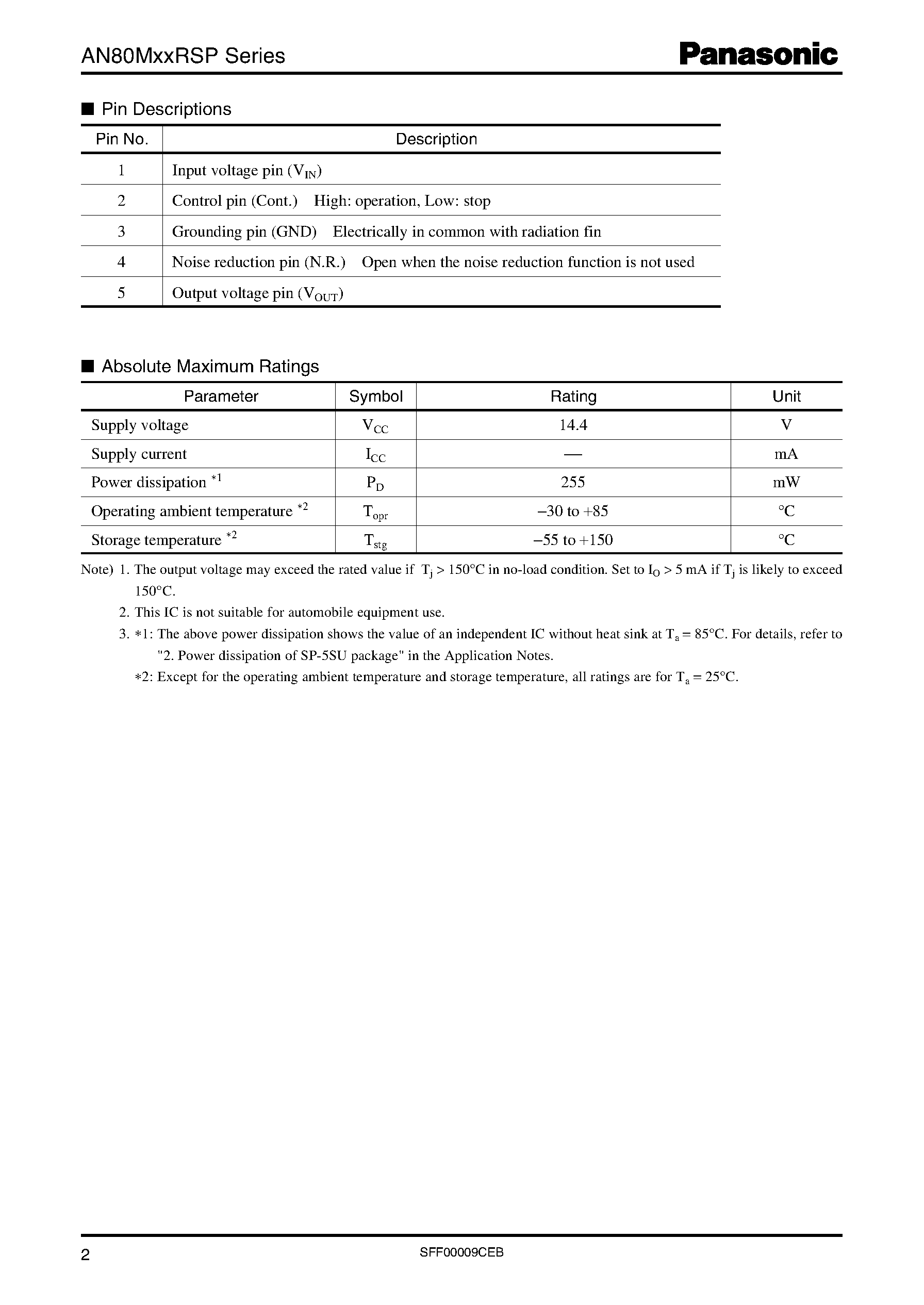 Datasheet AN80M33RSP - 5-pin/ low dropout voltage regulator with standby function (500 mA type) page 2