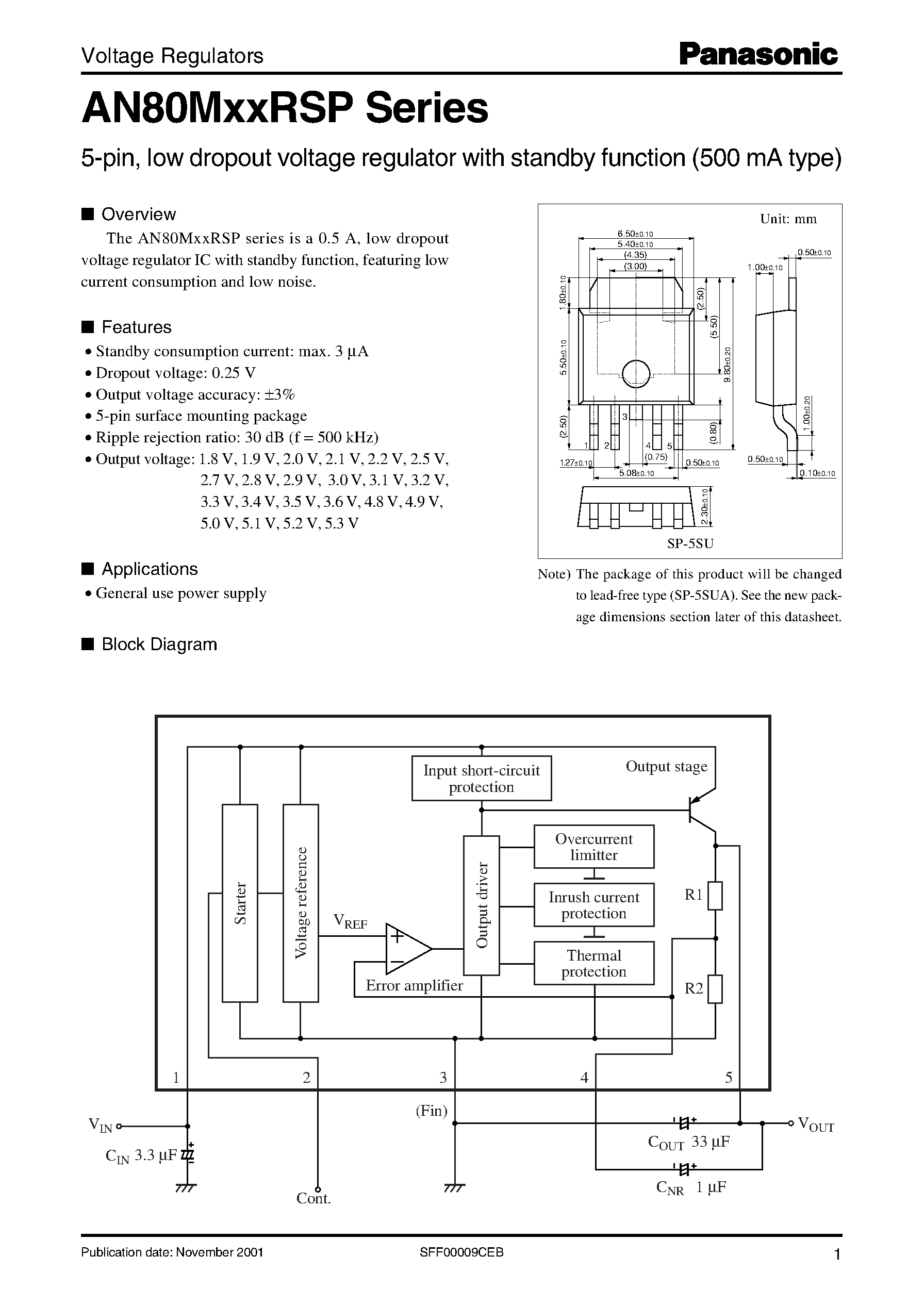 Datasheet AN80M36RSP - 5-pin/ low dropout voltage regulator with standby function (500 mA type) page 1