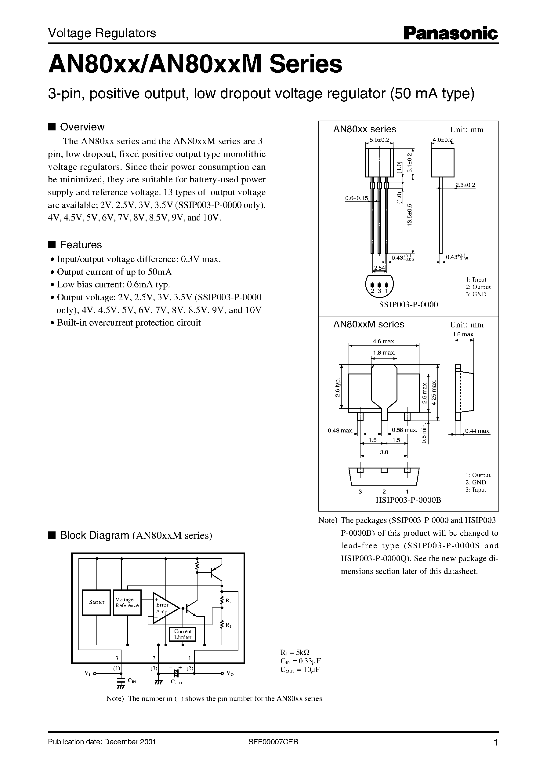 Datasheet AN80XX - 3-pin/ positive output/ low dropout voltage regulator (50 mA type) page 1