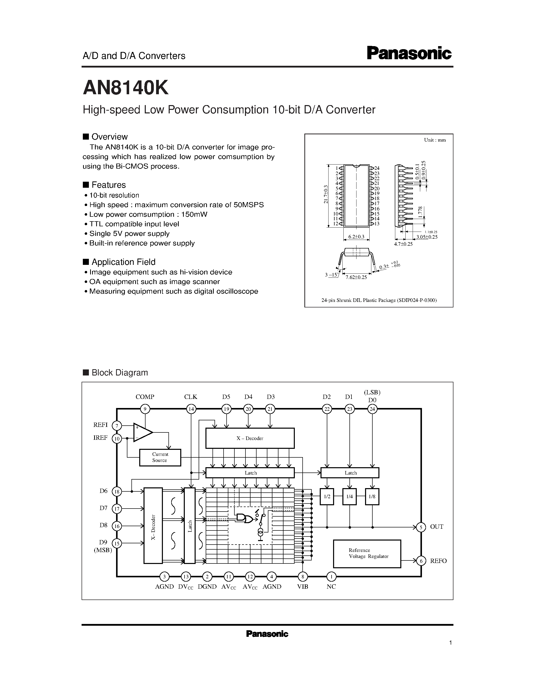 Даташит AN8140K - High-speed Low Power Consumption 10-bit D/A Converter страница 1