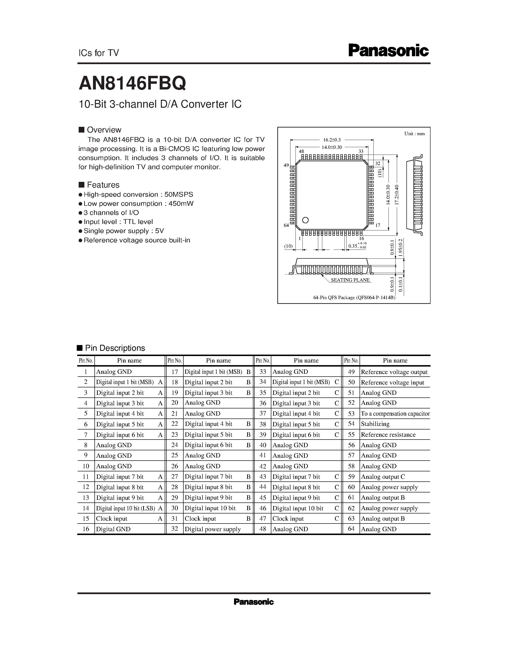 Даташит AN8146FBQ - 10-Bit 3-channel D/A Converter IC страница 1