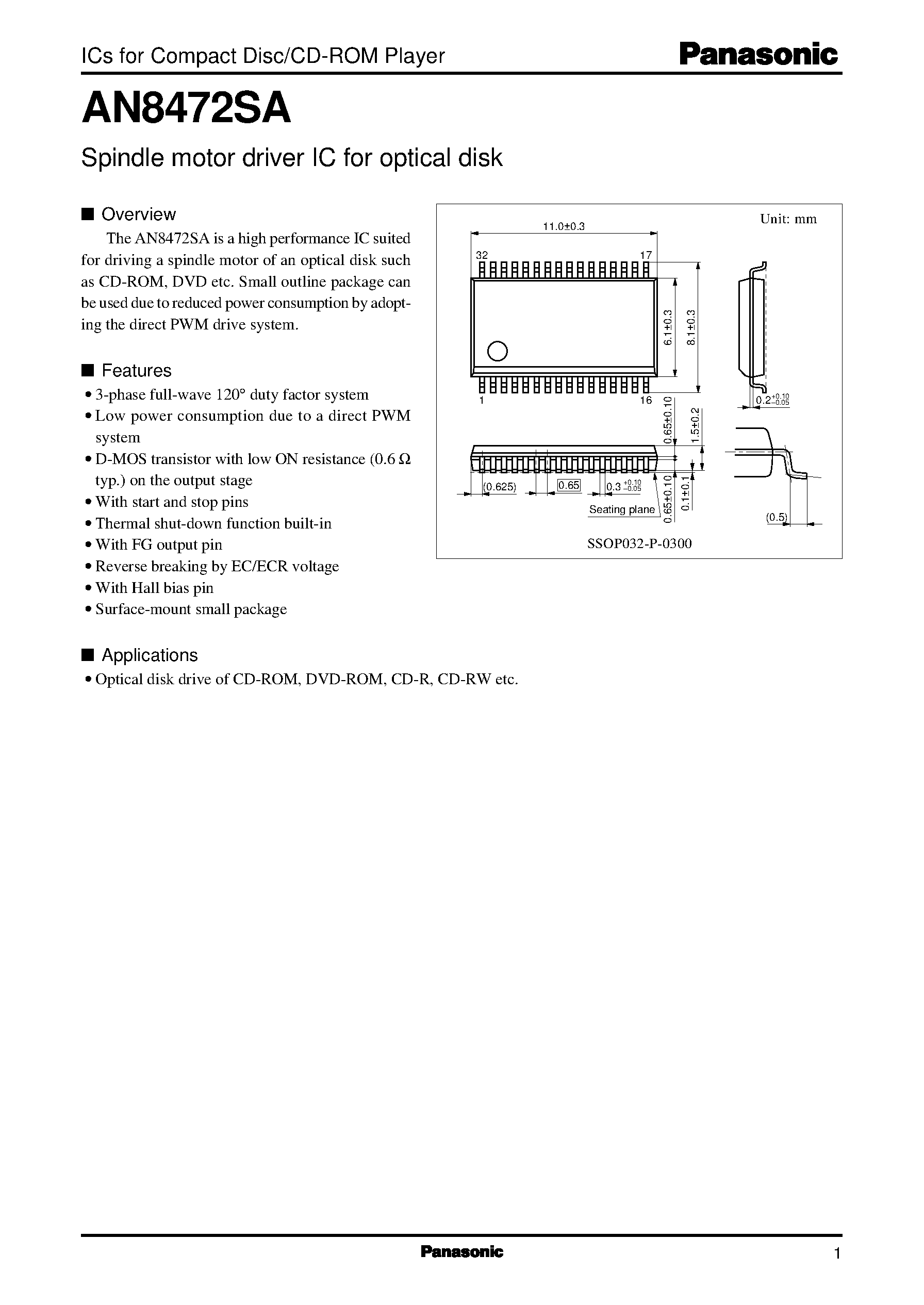Даташит на микросхему AN8472SA страница 1 Даташит AN8472SA - Spindle motor driver IC for optical disk страница 1