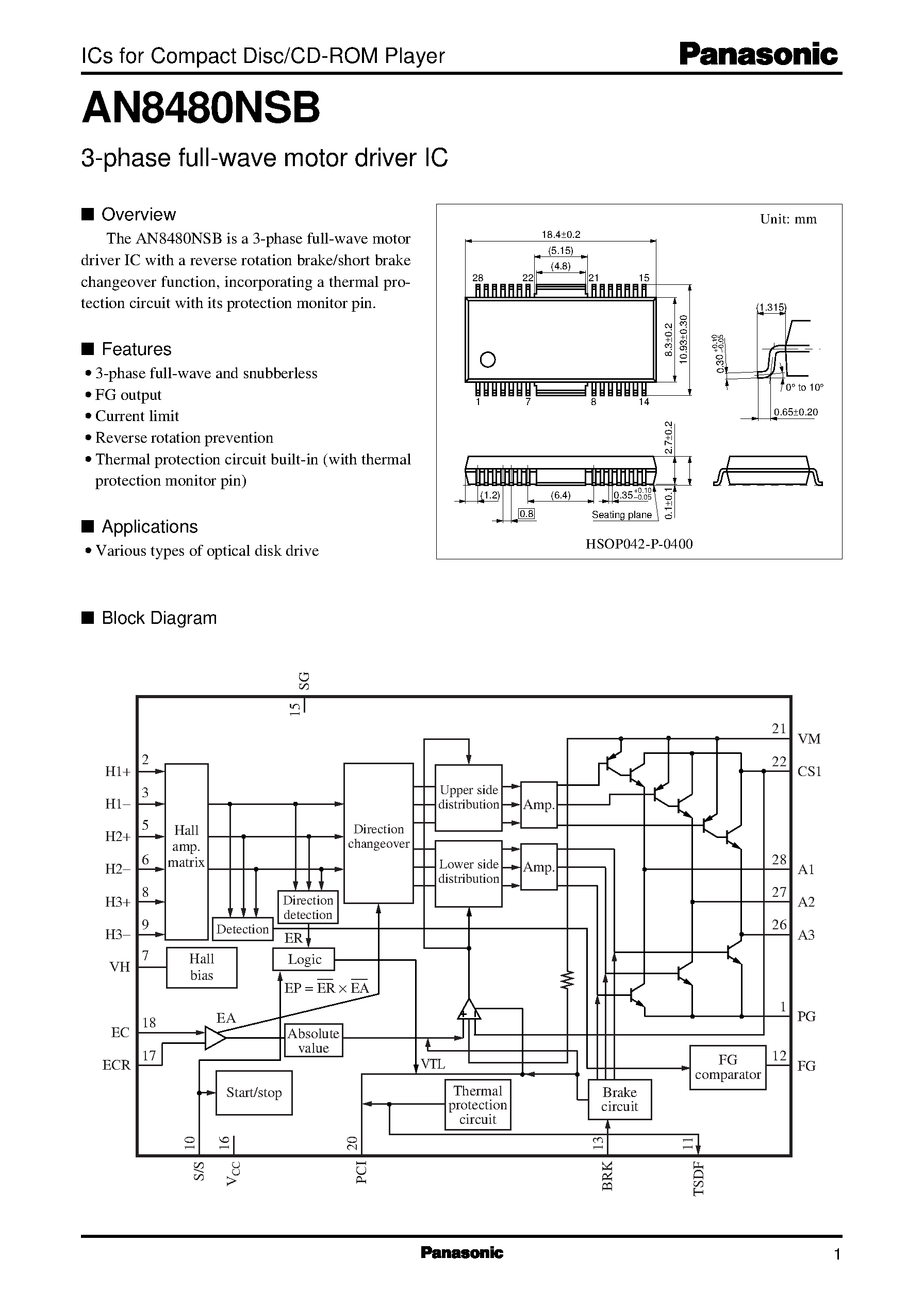 Datasheet AN8480NSB - 3-phase full-wave motor driver IC page 1