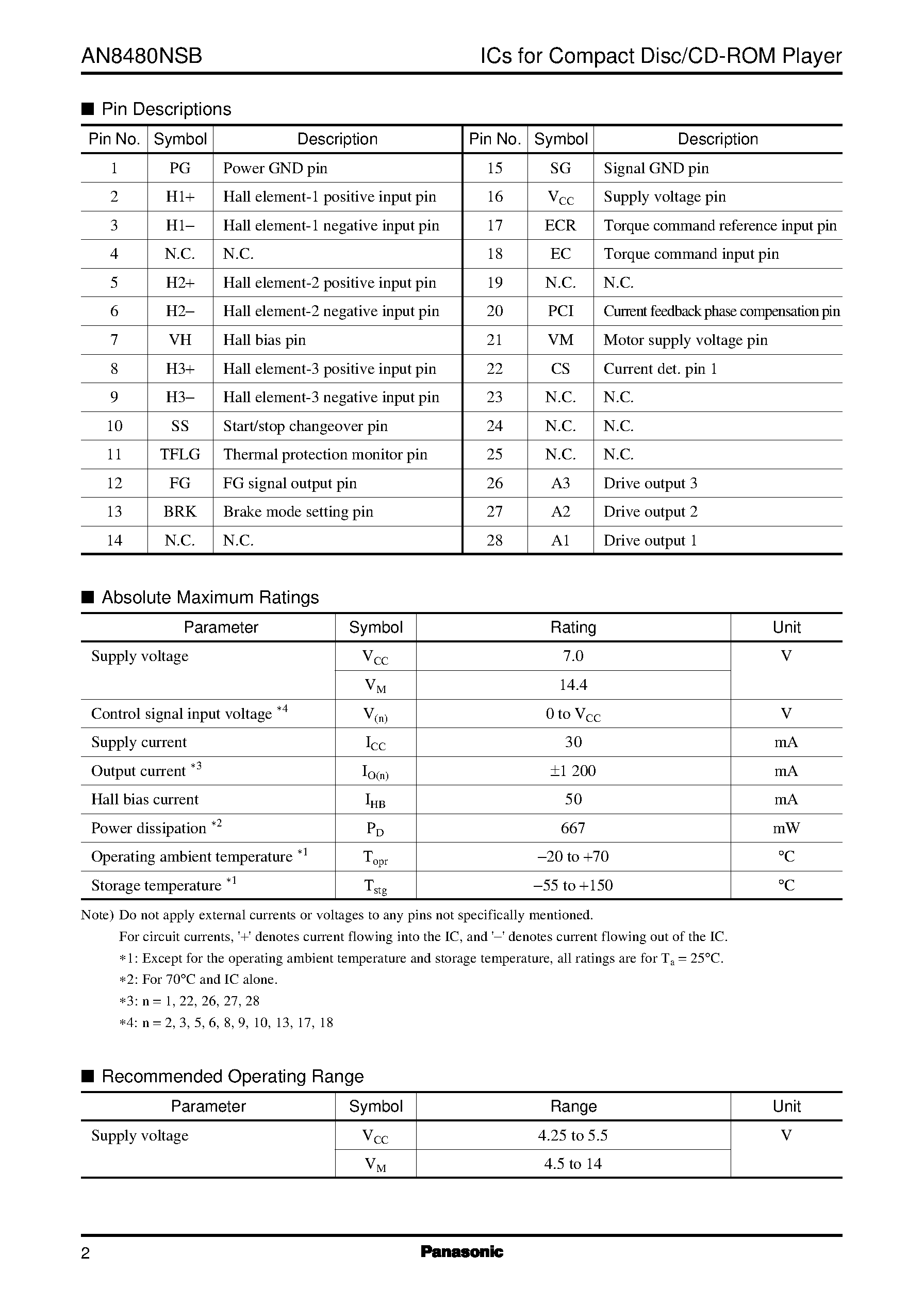 Datasheet AN8480NSB - 3-phase full-wave motor driver IC page 2